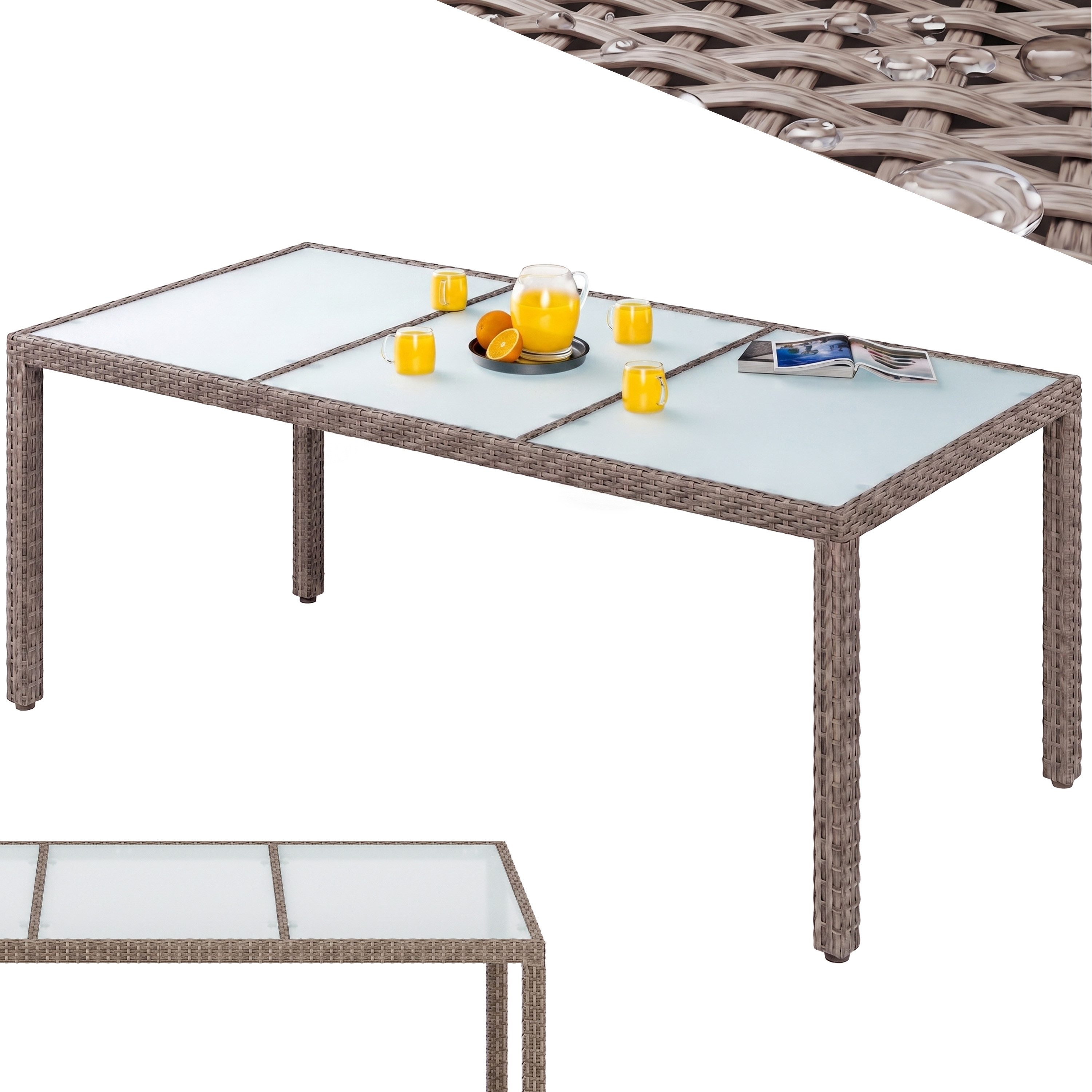 Casaria Gartentisch, Wetterfest 190x90cm Polyrattan Höhenverstellbar 5mm Sicherheitsglas