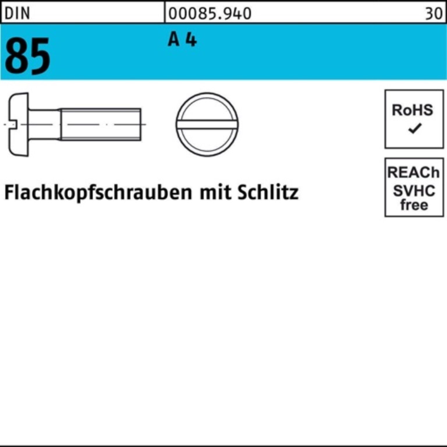 Reyher Schraube 200er Pack Flachkopfschraube DIN 85/ISO 1580 Schlitz M6x 30 A 4 200 St
