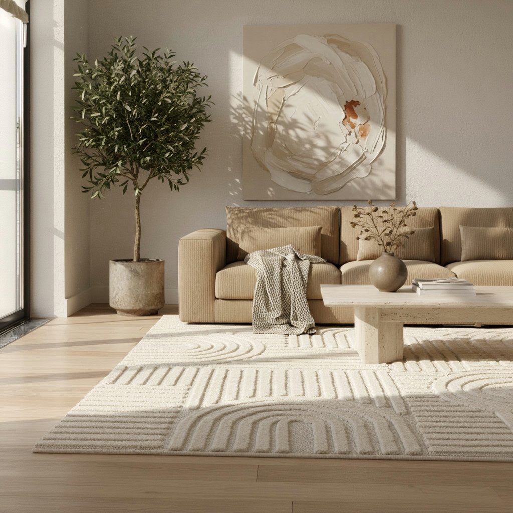 KADIMA DESIGN Teppich RIGI Hoch-Tief 3D-Effekt Wohnzimmer Schlafzimmer Waschbar Boho, Läufer, Höhe: 10 mm, Creme, 80x150 cm, Wohnzimmerteppich Esszimmer Strapazierfähig Waschbar