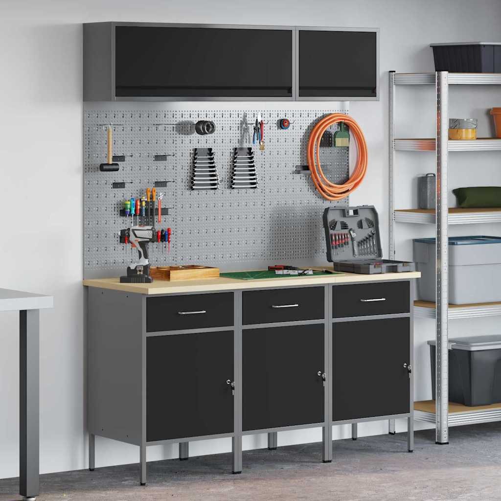 furnicato Werkzeugschrank Werkstatt-Schrankset 150 x 55 x 200 cm Schwarz (1-St) Höhenverstellbare Fußrasten Werkbank mit 3 Schubladen für Werkstatt