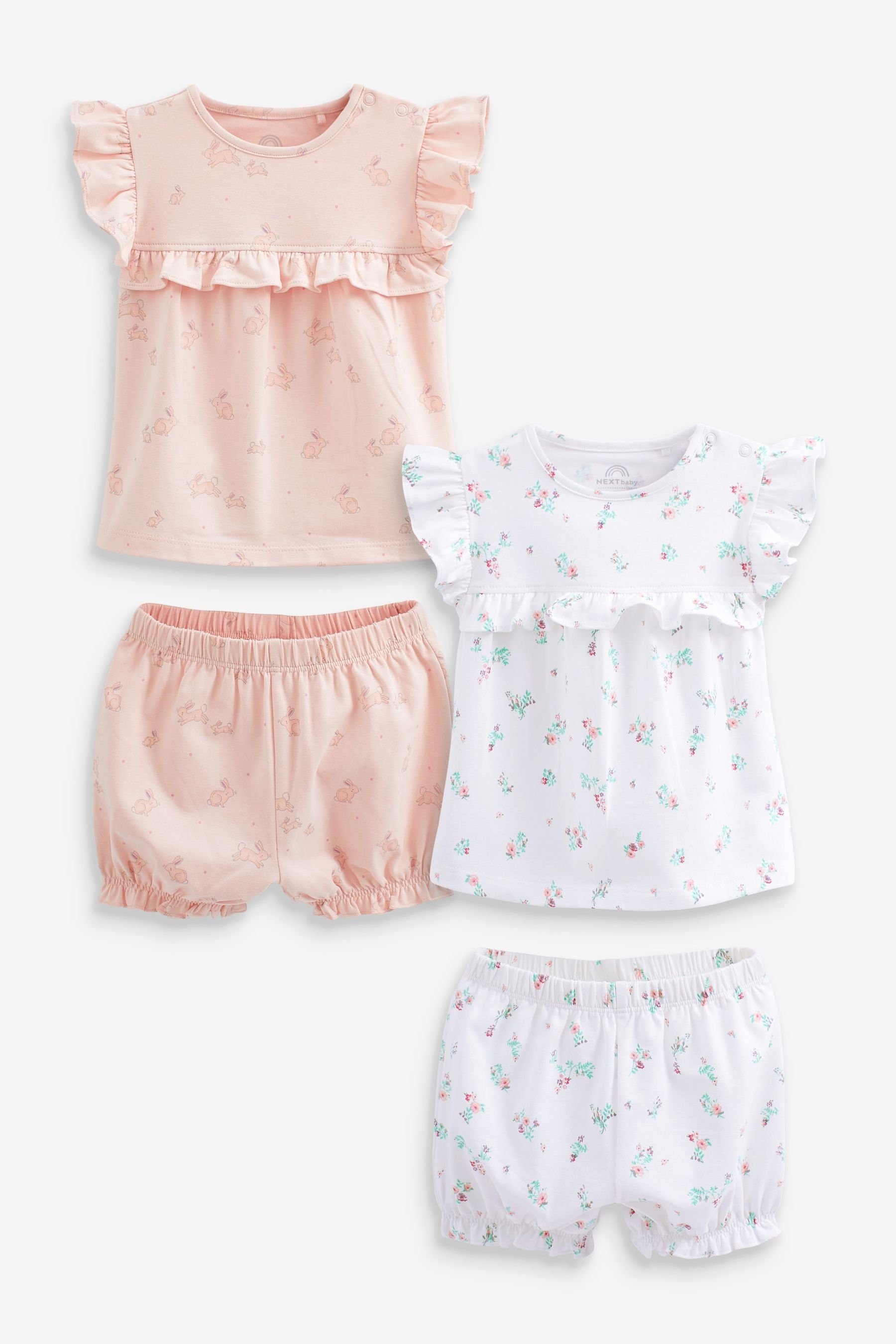 (4-tlg) Shorts Baby-T-Shirt 4-teiligen Set im & T-Shirt und Shorts Next Pink/White