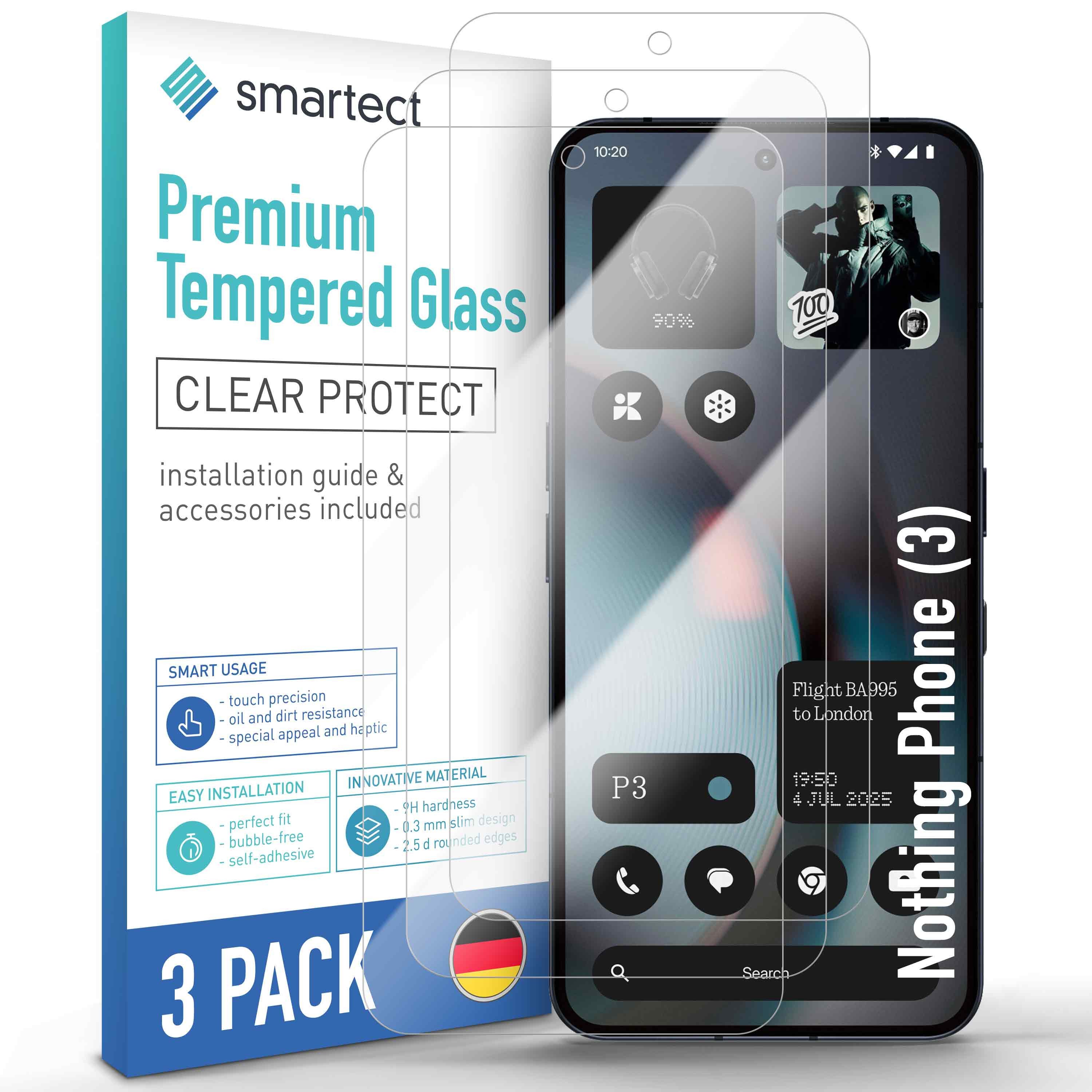 smartect Displayschutzglas 3X Schutzglas Panzerfolie Klar für Nothing Phone (3) für Nothing Phone (3), Set, 3 Stück, 0.3 mm Ultra-klar, 9H Härte, Kratzfest, Stoßfest, Blasenfrei, Oleophob