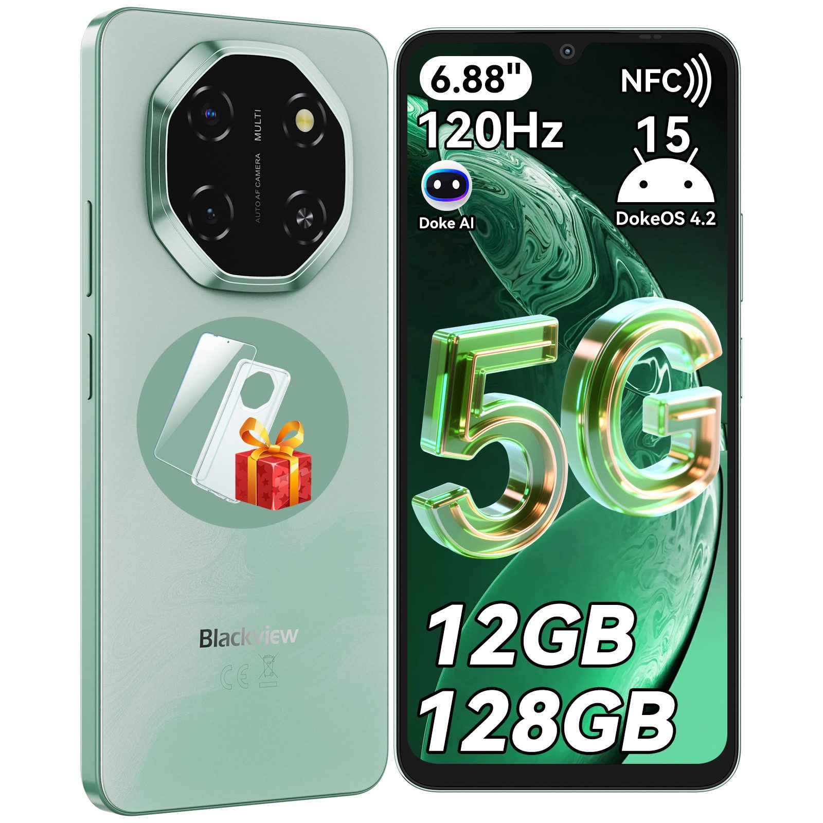 blackview Shark 6 5G, 6,88‘’, Android 15 Handy (128 GB Speicherplatz, 120Hz, Doke AI, 5000mAh,Unisoc T8100, Android 15)