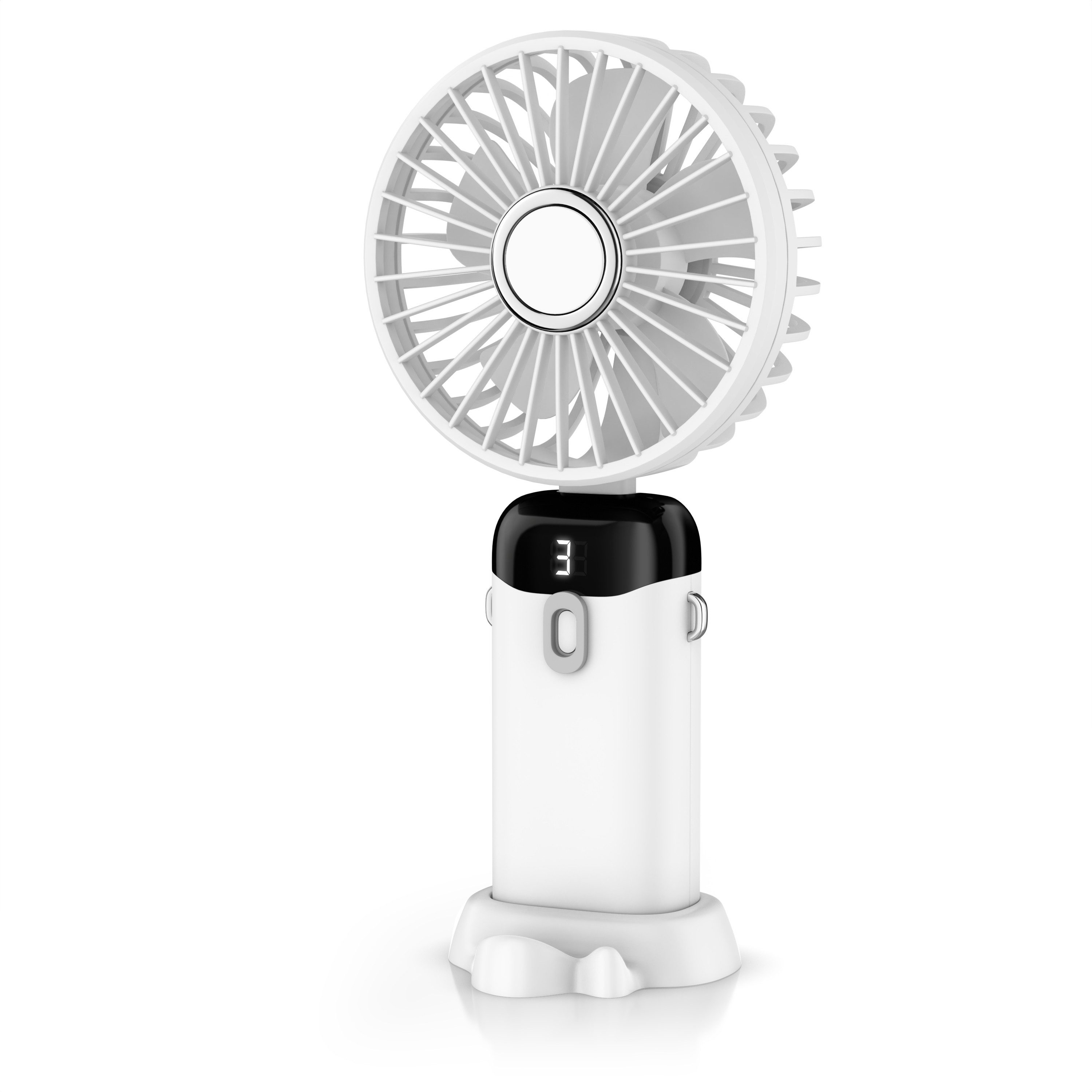 CSL Akku-Ventilator USB‑Mini‑Ventilator mit Akku, Standfuß & Geschwindigkeitsregelung, 1200 mAh Li-Ionen, aufladbar, neigbar, Halteband, Standfuß, Display