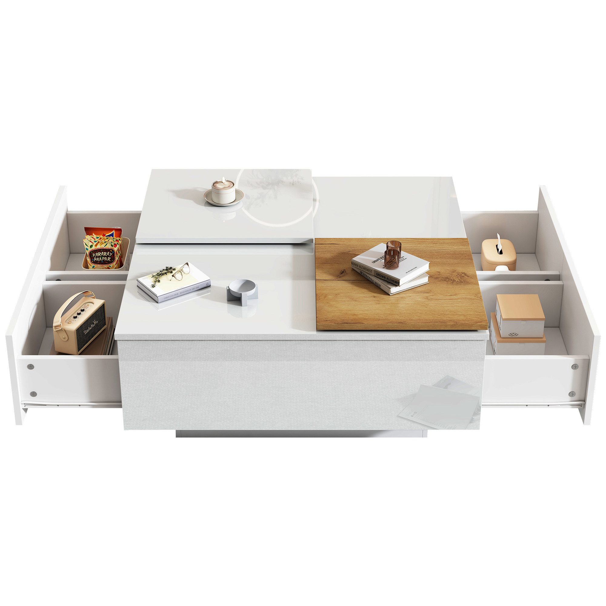 BlingBin Couchtisch kleine verschiebbare Tischplatte, 75x75x33,5 cm (1er Set, 1-St., Wohnzimmertisch mit 4 Schubladen), Couchtisch mit Ablagefläche, max. 30kg belastbar