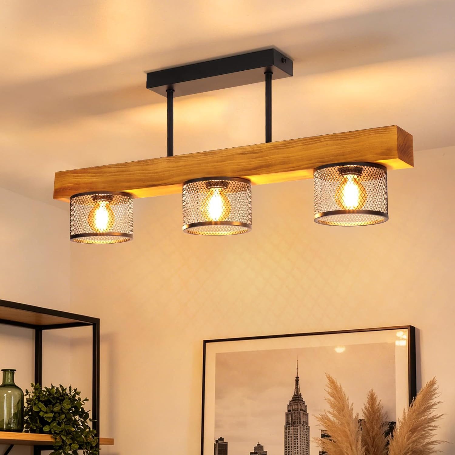 Nettlife Deckenleuchte Vintage Holz E14 3 flammig Metall Gitterschirm Industrial, ohne Leuchtmittel, für Wohnzimmer, Küche, Esstisch & Schlafzimmer
