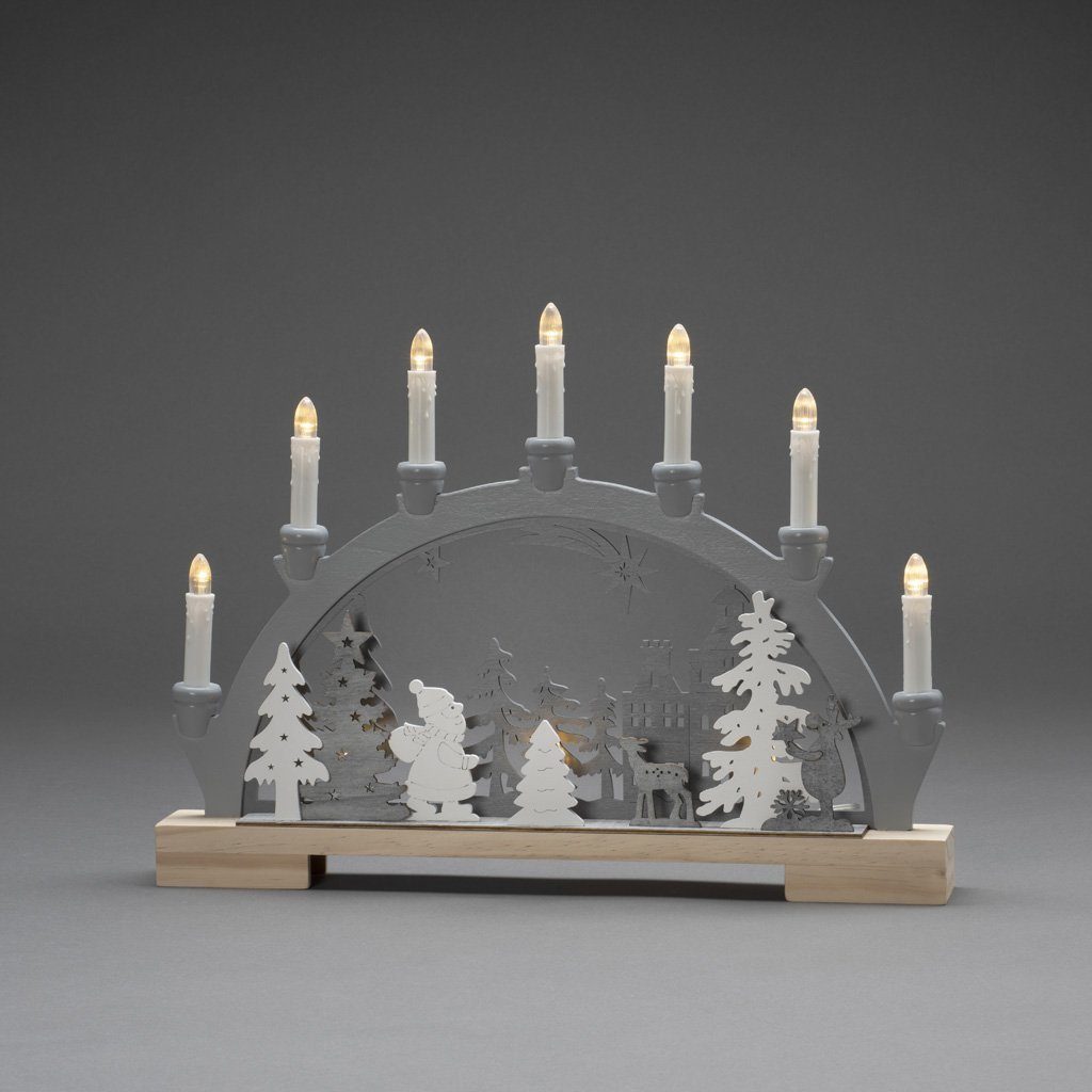 7 Schwibbogen klare Weihnachtsdeko, Birnen, 10 weiße warm Holzsilhouette, mit Energiefunktion, wählbare im Wanderer LED Tieren, Dioden KONSTSMIDE Wald