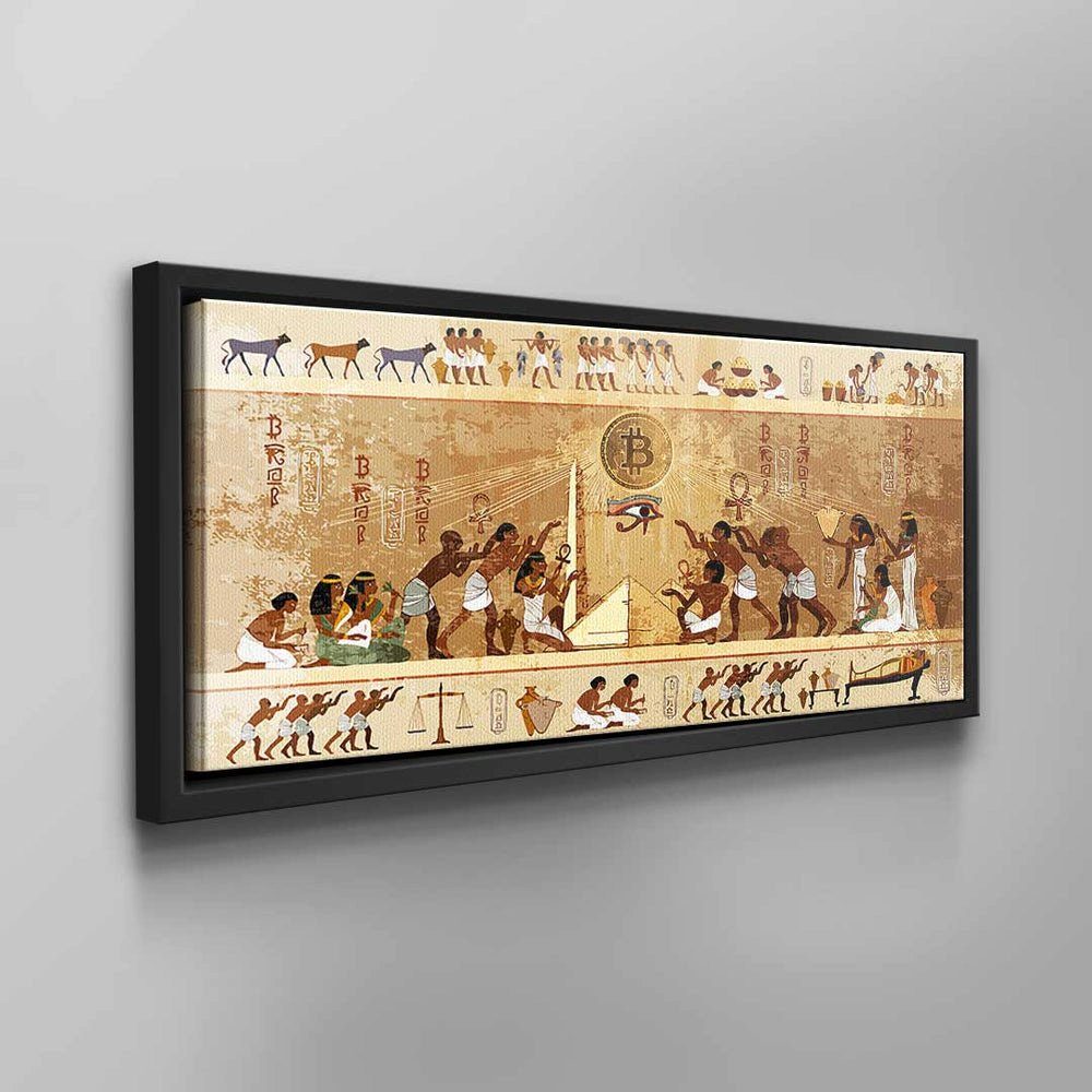 DOTCOMCANVAS® Leinwandbild Antike Bitcoin, Leinwand altägyptische Zeichen Brown ohne Bitcoin Gold Wandbild Ins Beige Rahmen