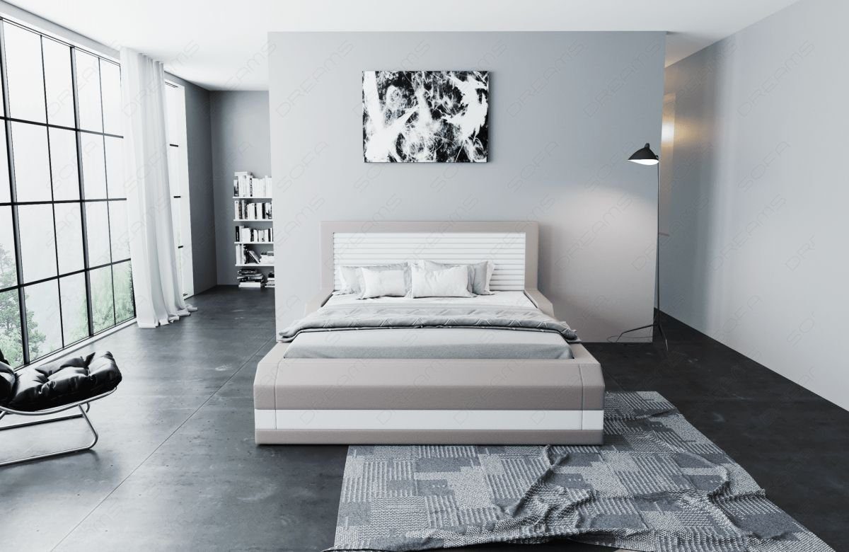 Sofa Dreams Topper, Boxspringbett Beleuchtung, Beleuchtung Kunstleder Bett LED Premium grau-weiß Treviso mit Komplettbett Matratze, mit LED mit mit