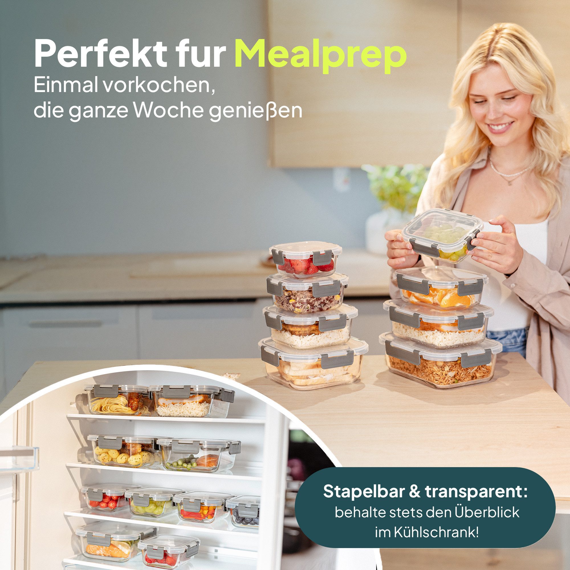 uandu home Frischhaltedose Glasbehälter mit Deckel, Frischhaltedosen Glas mit Deckel, (glasdosen mit deckel set, glas tupper mit deckel, glass food container, f – Bild 4 von 5