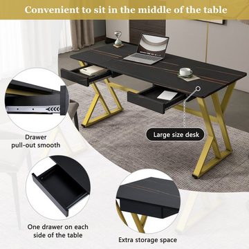 HAUSS SPLOE Schreibtisch 150cm grosser Schreibtisch mit zwei Schubladen, gold + schwarz