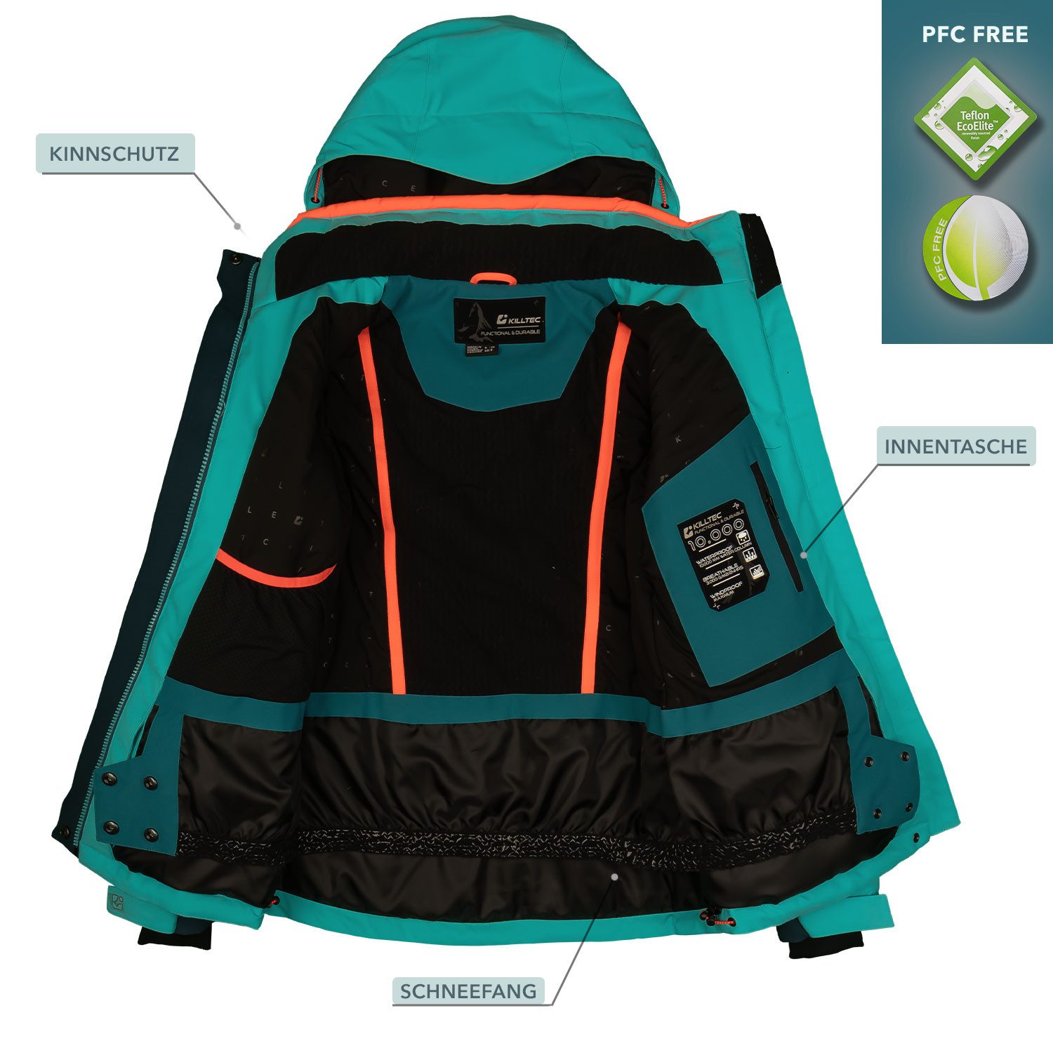 Killtec Skianzug Damen Skijacke blau + Skihose orange, gummierter Schneefang - 10.000 Wassersäule - abnehmbare Hosenträger