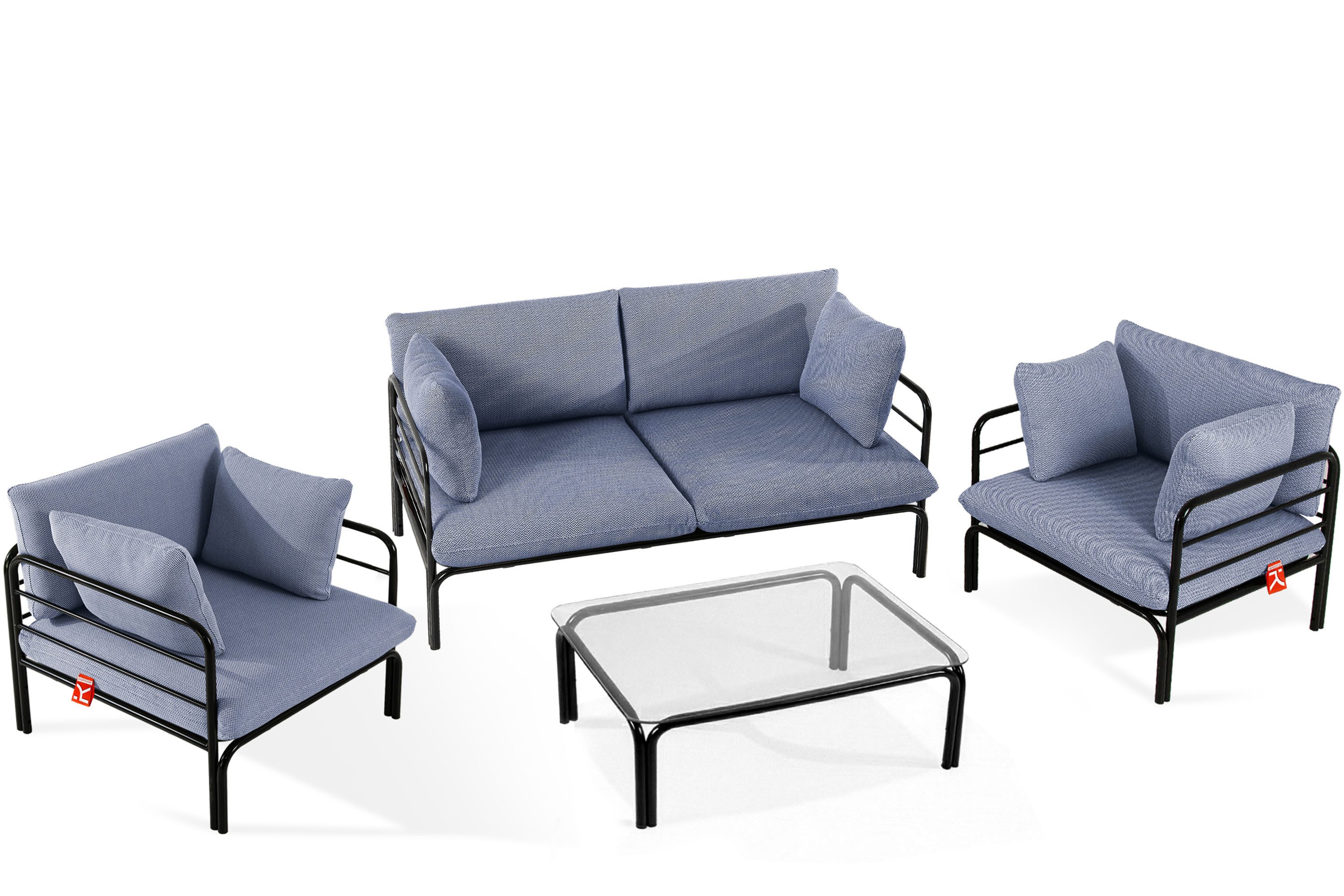 KONSIMO® Gartenlounge-Set RAMBE Gartenmöbelset, hergestellt in der EU, (Gewicht des Sets ca. 76 kg, 4-tlg., 1x Tisch, 2x Sessel, 1x Sofa 2-Sitzer), handgefertigt, Loft-Stil, mit Kissen, fischgrätenmuster