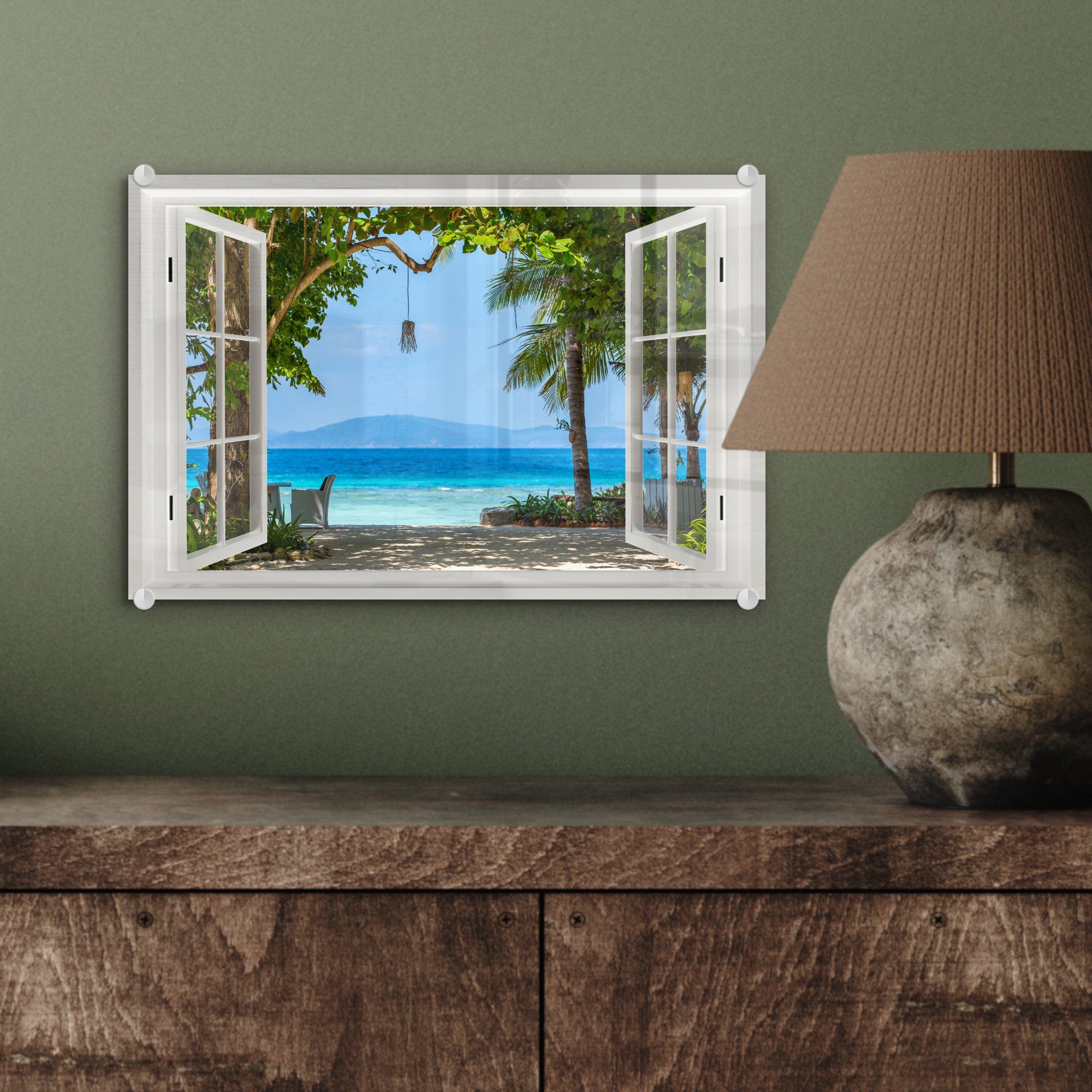 Glas - Foto Palme Glasbilder - Acrylglasbild Aussicht Strand Wandbild St), Meer Hügel - Blau, Baum - Wanddekoration - Bilder auf bunt Glas (1 auf - - - MuchoWow -