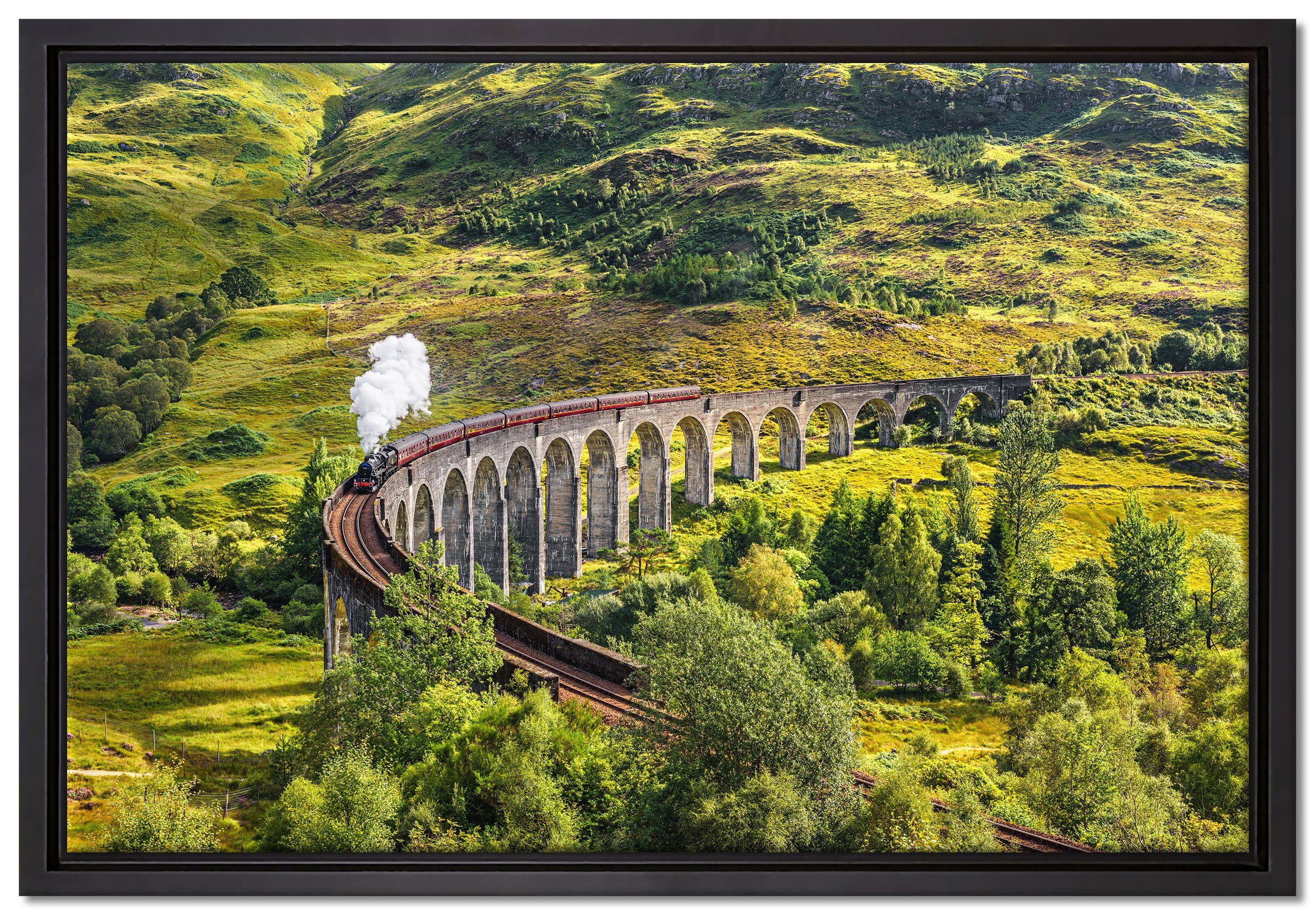 Eisenbahnviadukt Pixxprint (1 gefasst, Schattenfugen-Bilderrahmen einem St), fertig in bespannt, Zackenaufhänger Schottland, in inkl. Wanddekoration Leinwandbild Leinwandbild
