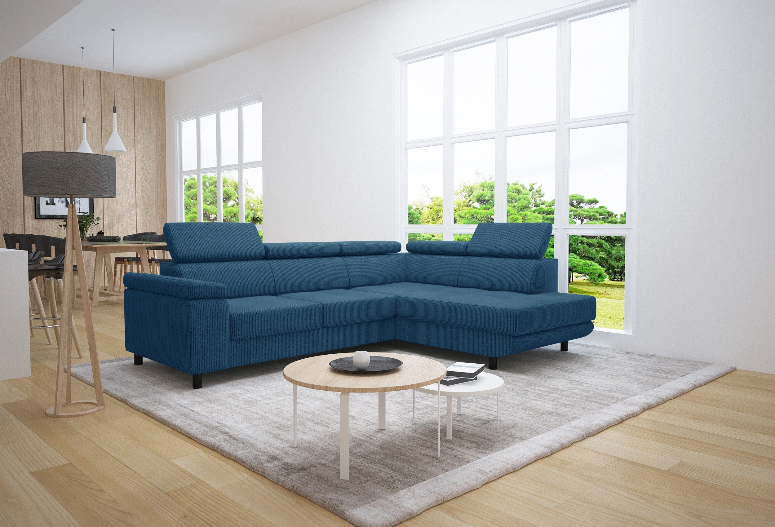 thematys Ecksofa LUNA L mit Schlaffunktion & Bettkasten – aus Velours oder Cord Stoff, mit 5 verstellbaren Kopfstützen, – L-Form 250×183 cm – Schlafsofa mit Auszug