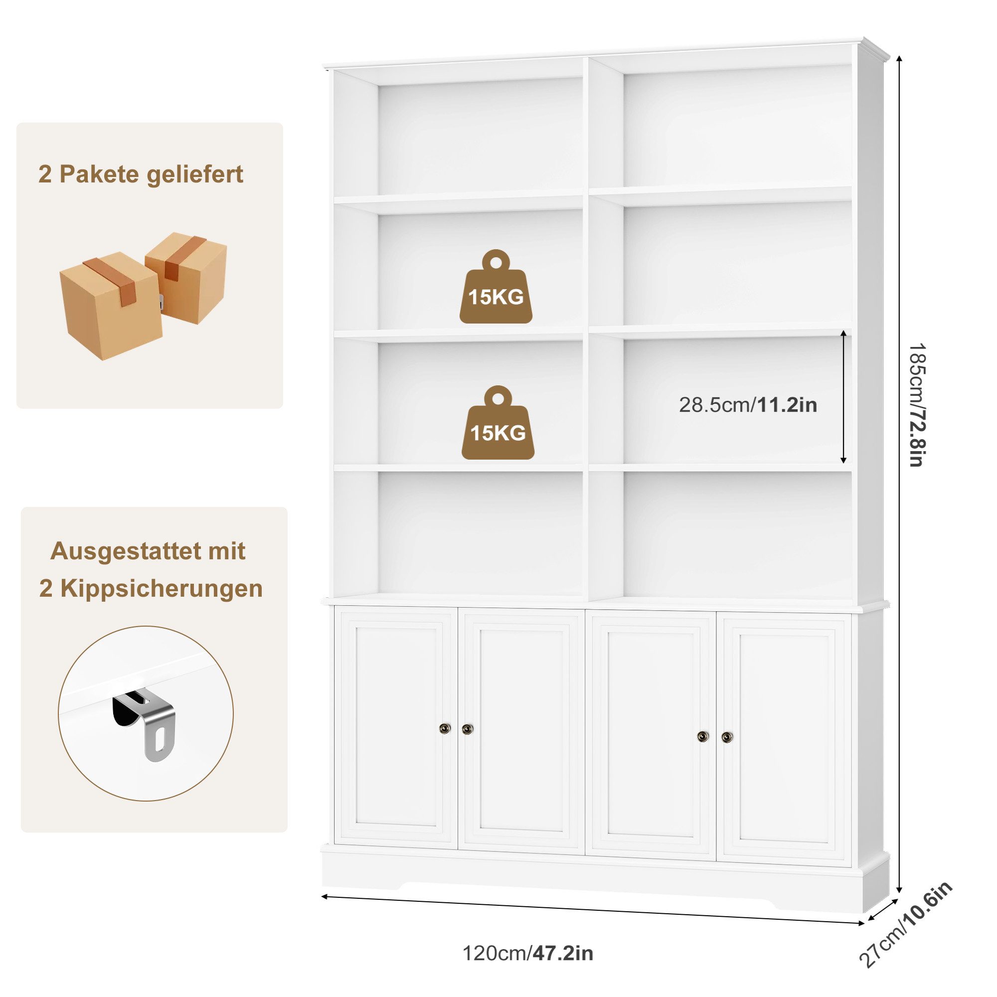 Homfa Bücherregal 185 cm hohes Bücherschrank Standregal Büroregal, Bücherregal mit 4 Türen 8 offenen Fächern Büroregal Holz 185x120x27cm