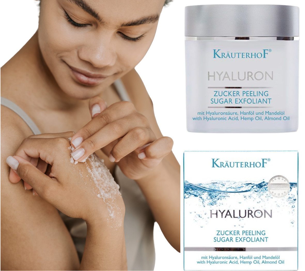 Kräuterhof Körperpeeling KräuterhoF Hyaluron Zuckerpeeling 250 g, 1-tlg., Enthält pflegendes Hanföl und Mandelöl, Angenehme Textur