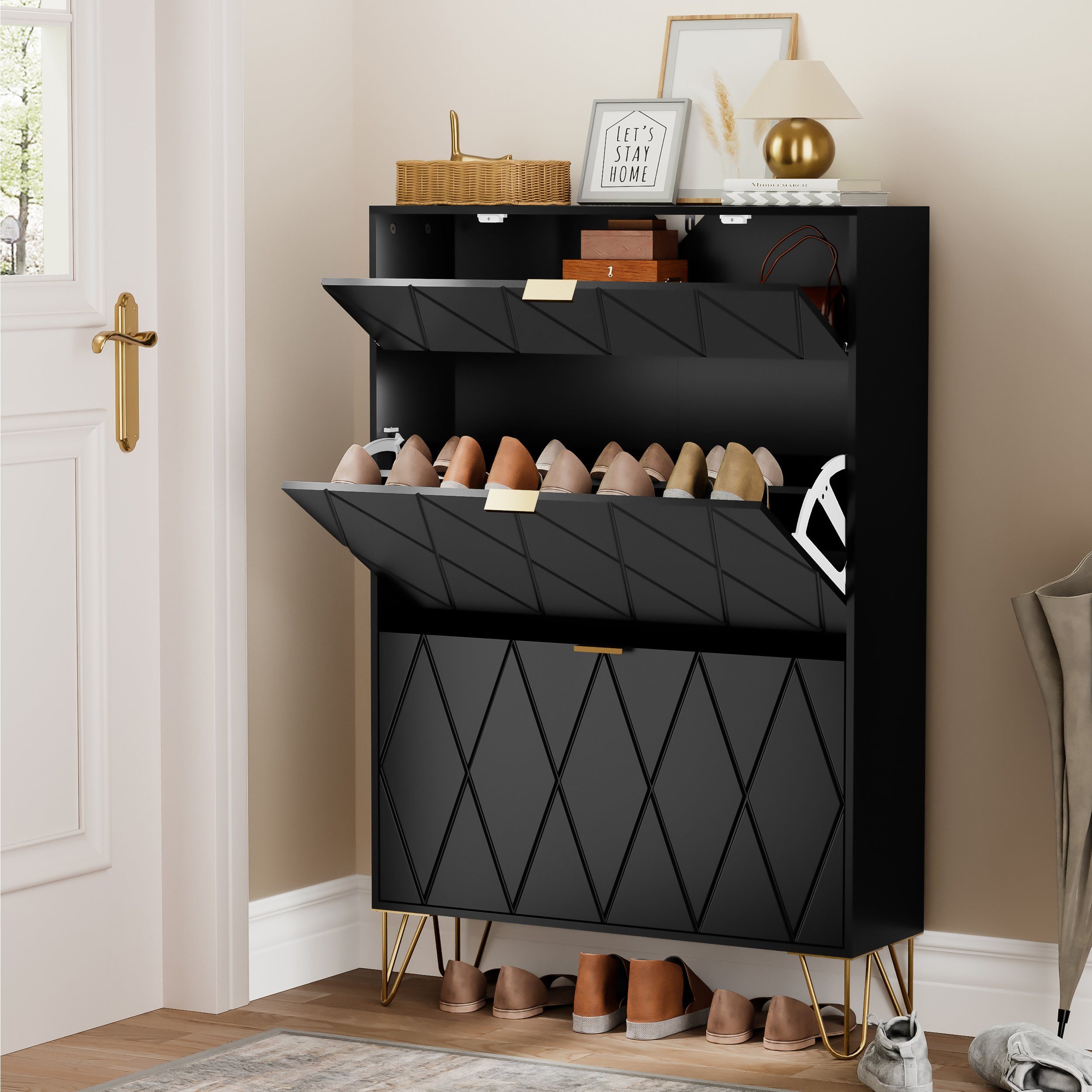 UEV Schuhschrank mit 2 Klappen Schuhregal Schuhkipper, Trennwände verstellbar (Schmal Schrank. Schuhkommode im Flur) B80 x T24 x H120 cm für 16 Paar Schuhe, Pla – Bild 4 von 5