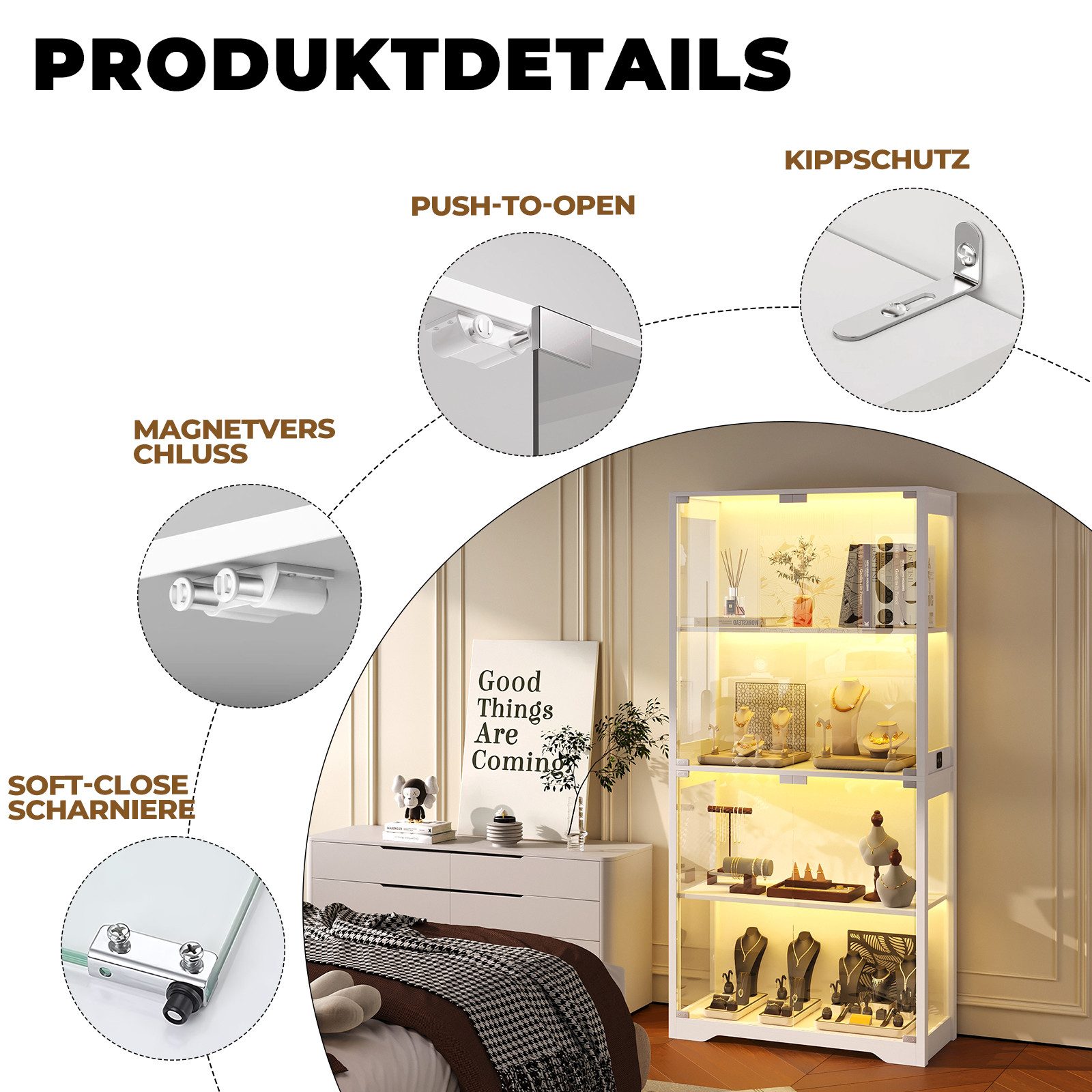 BROTTAR Glasvitrine mit LED 4 Ebenen Sensorsystem (1-St) 80×35×165cm, weiß