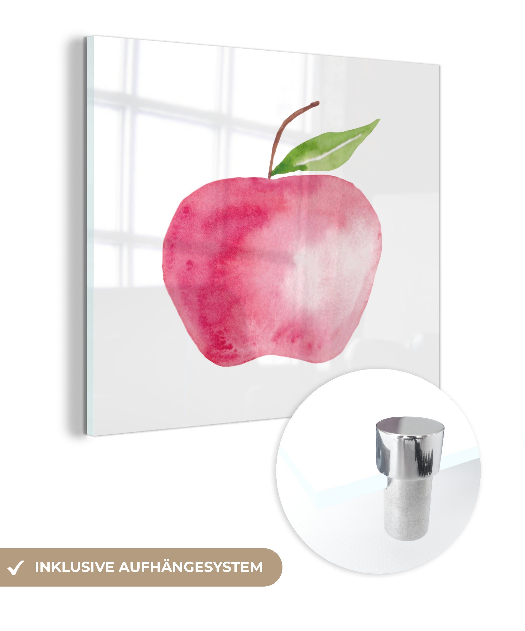 MuchoWow Acrylglasbild Apfel - Rot - Aquarell, (1 St), Glasbilder - Bilder auf Glas Wandbild - Foto auf Glas - Wanddekoration
