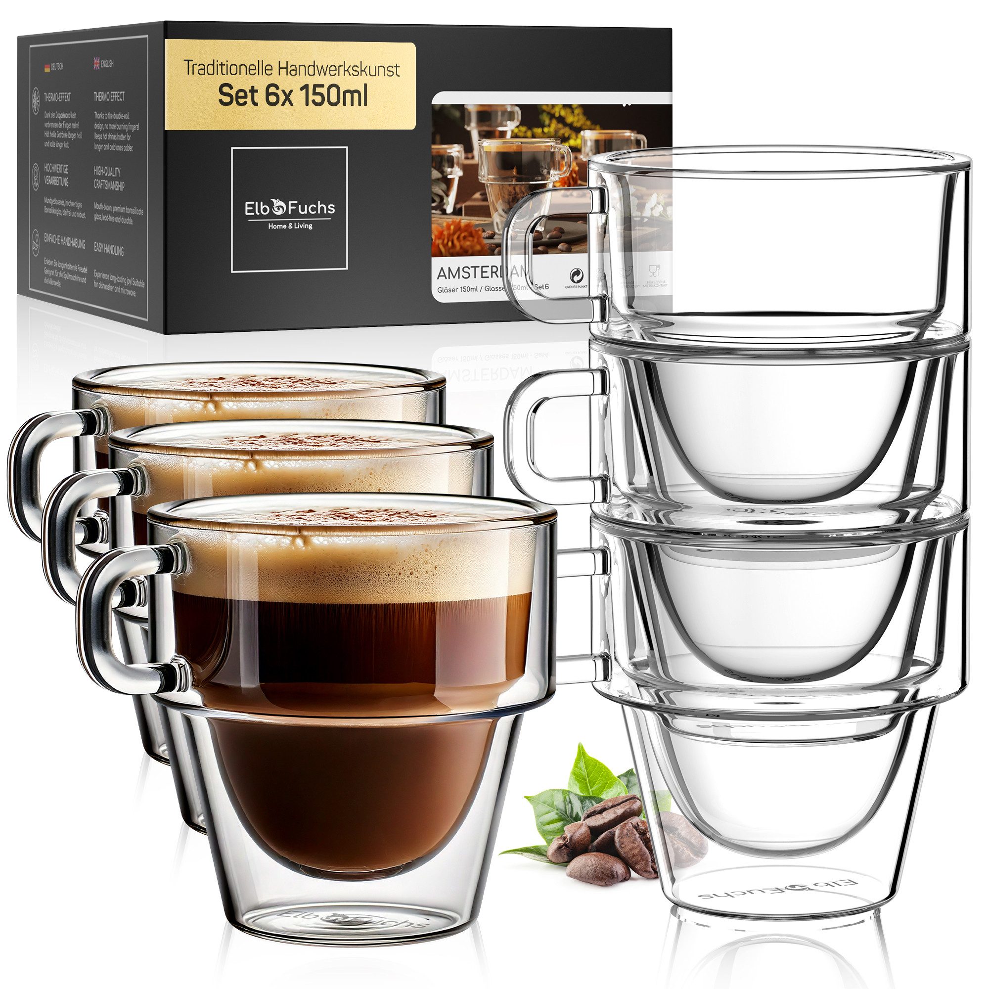 ElbFuchs Espressoglas Amsterdam, 150 ml, Borosilikatglas, 6-tlg., Doppelwandiger Thermoeffekt, mit Henkel, stapelbar