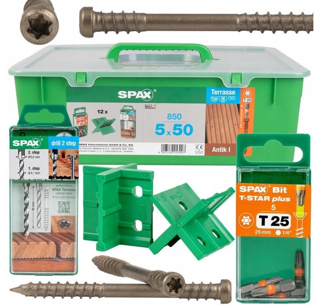 SPAX Terrassenschraube Green Box Set Edelstahl A2 Antik inkl. Bits Spacers & Stufenbohrer, (850 St)
