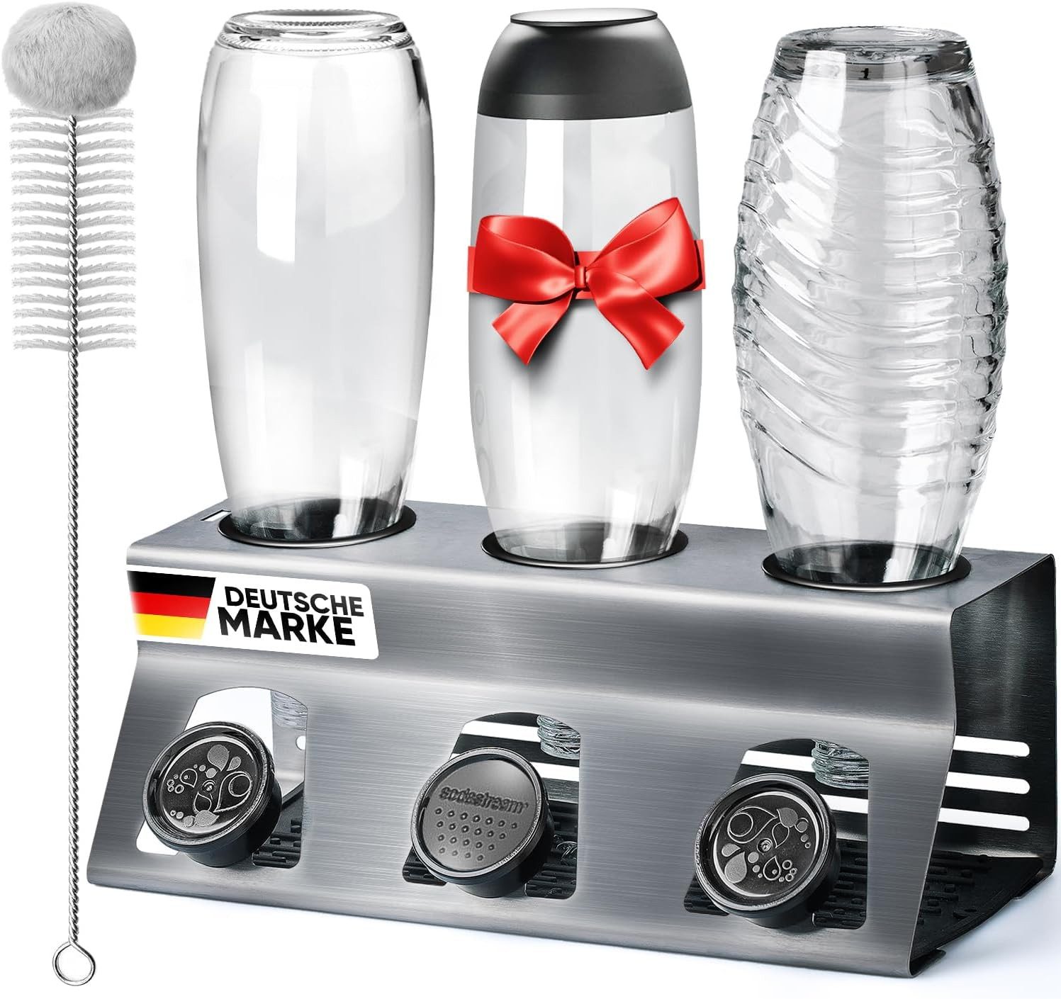 Loco Bird Flaschenhalter für SodaStream aus Edelstahl mit Kantenschutz, (Für, 3-St., Flaschen mit Flaschenbürste und Abtropfmatte), für Soda Stream Crystal, Easy, Fuse, Emil Flaschen