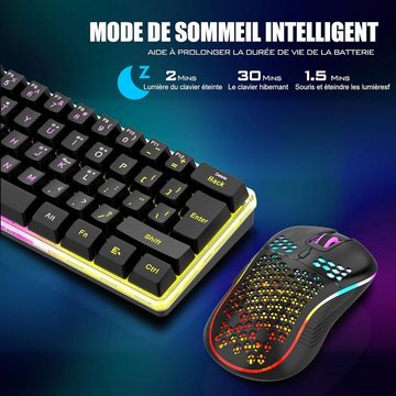 RedThunder K62 60 % kabellose Gaming RGB, AZERTY, französisches AZERTY Tastatur- und Maus-Set, 62 Tasten, Mini-Tastatur mit Hintergrundbeleuchtung, ultra-kompakt