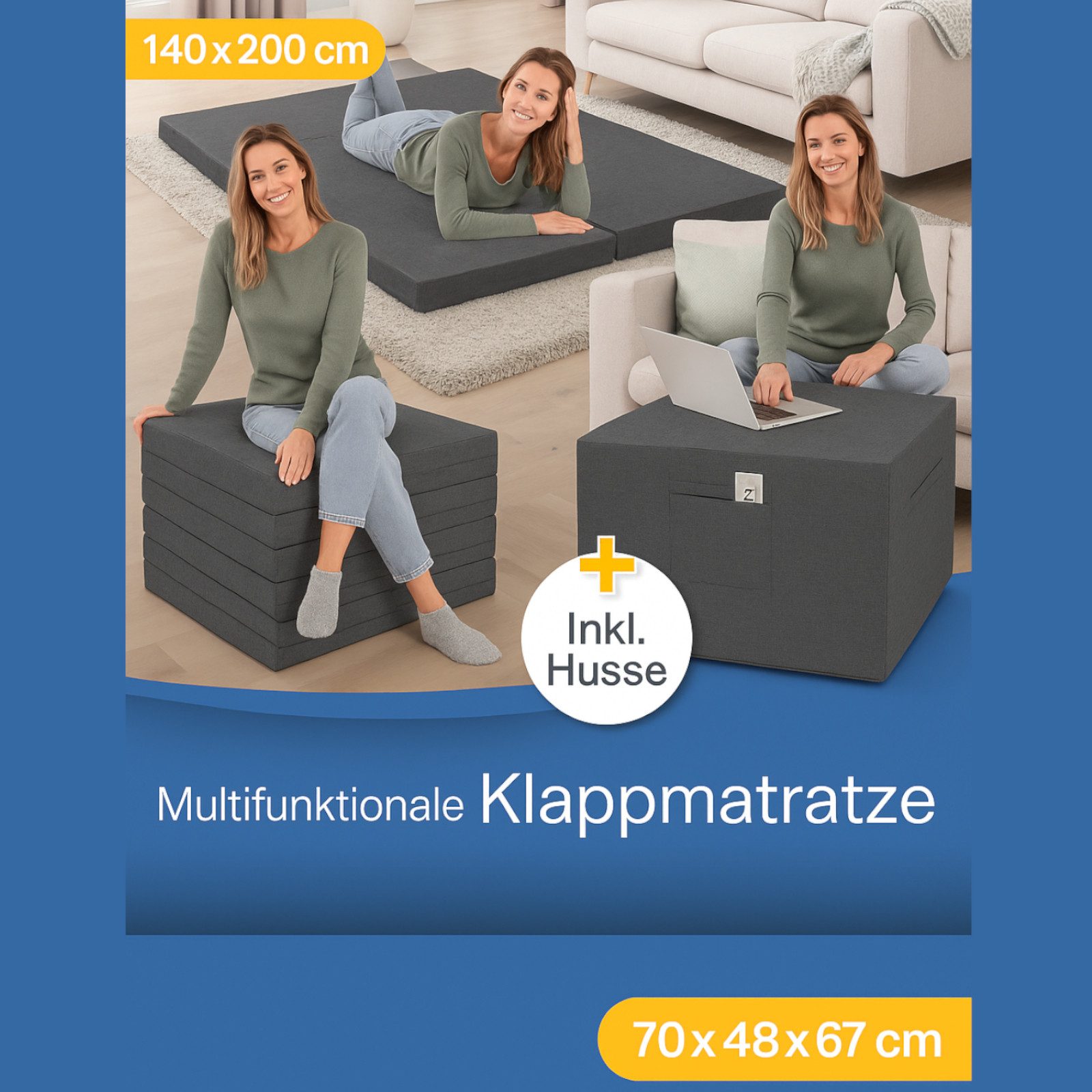 Klappmatratze 3-in-1 mit waschbarem Bezug, platzsparend als Sitzwürfel nutzbar, belviona, 8 cm hoch, Faltbares Gästebett mit Seitentaschen 140x200 cm