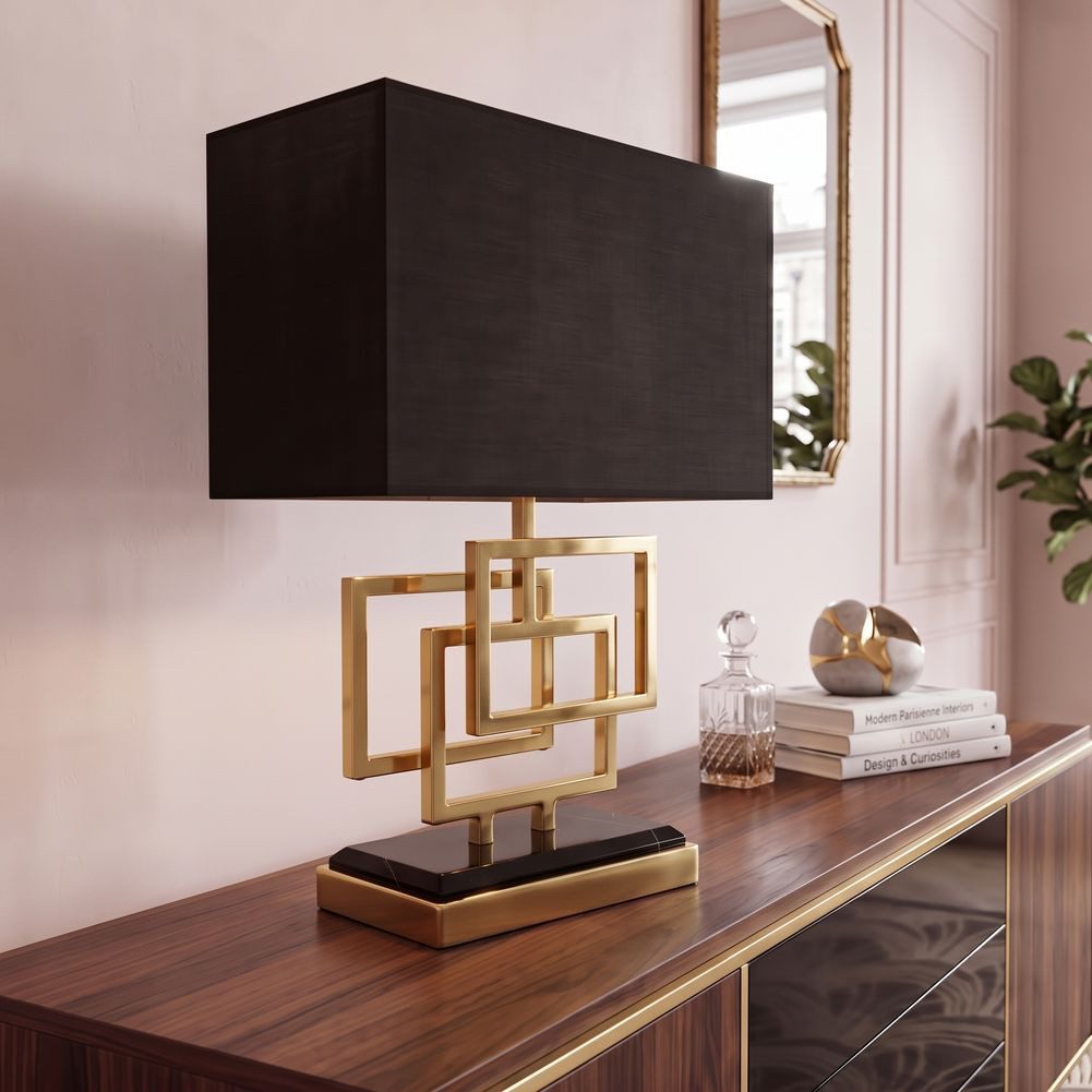 cagü Teichleuchte Tischlampe NEPTUN Gold Stoffschirm & Marmorfuß Schwarz 56cm, Ein-/Ausschalter, ohne Leuchtmittel, E27
