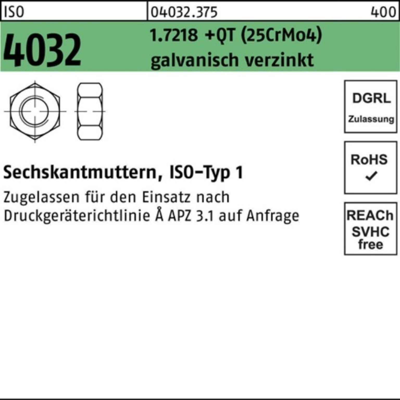 Bufab Muttern 100er Pack Sechskantmutter ISO 4032 M12 1.7218 +QT (25CrMo4) galv.verz