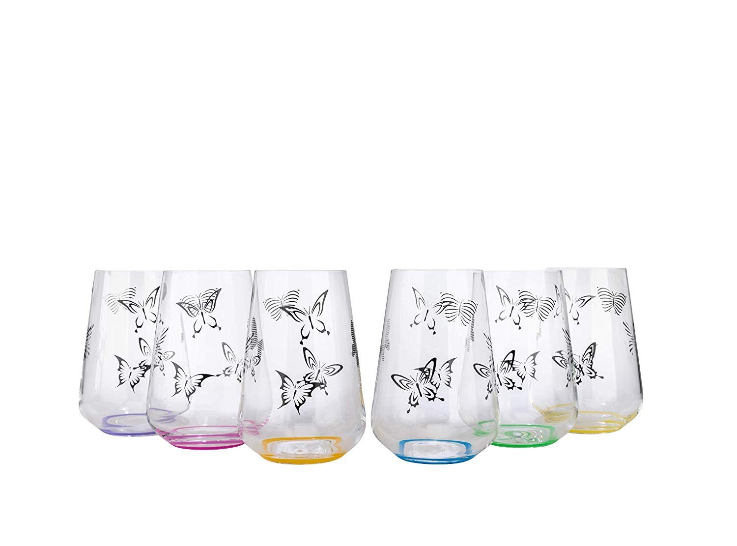 Crystalex Longdrinkglas Butterfly Longdrink 380 ml 6er Set, 6-tlg., Kristallglas, Kristallglas, mehrfarbig handbemalt, Schmetterlinge Aufdruck