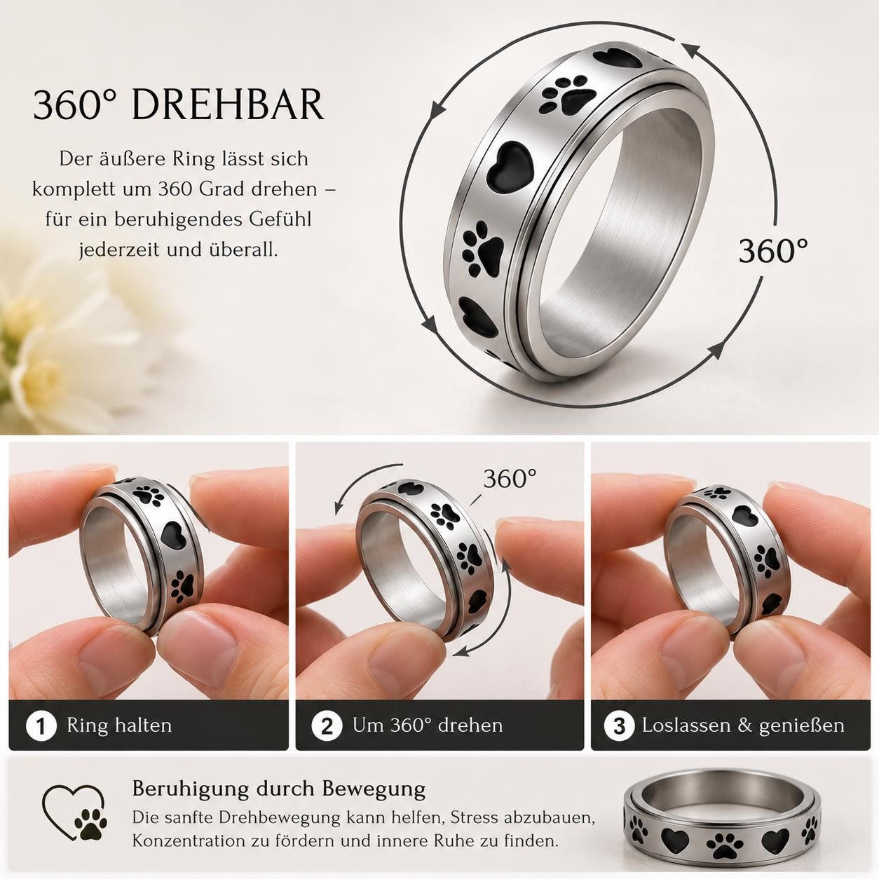 Eyecatcher Fingerring Anti Stress Fidget Ring Pfoten Herz Anxiety Ring