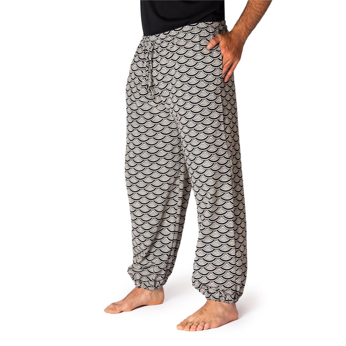 PANASIAM Stoffhose Muckhose Geometrix aus leicht grob gewebter Baumwolle bequeme Haremshose Unisex Freizeithose japanische Muster und heilige Geometrie Seigaiha grau