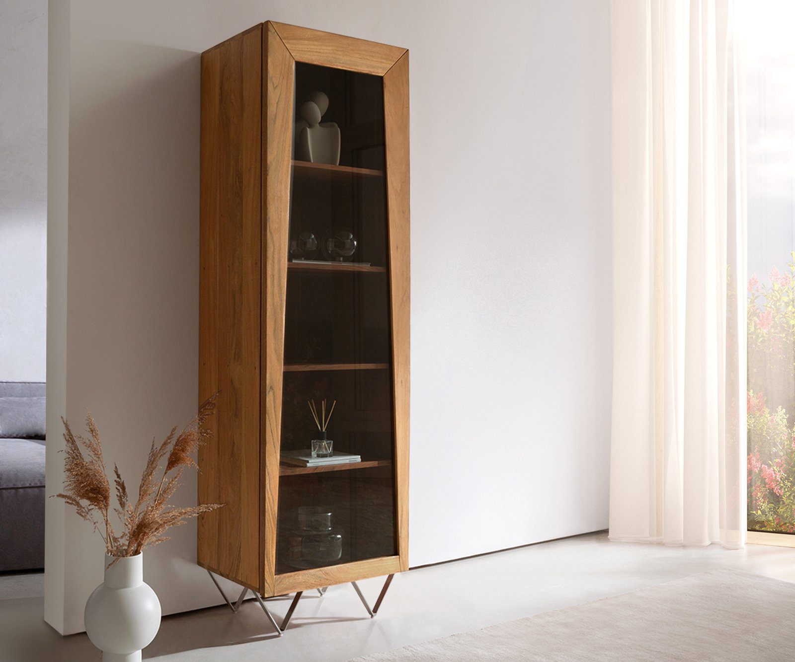 DELIFE Vitrine Kayu Akazie Natur 55x180 cm 1 Tür V-Fuß Highboard