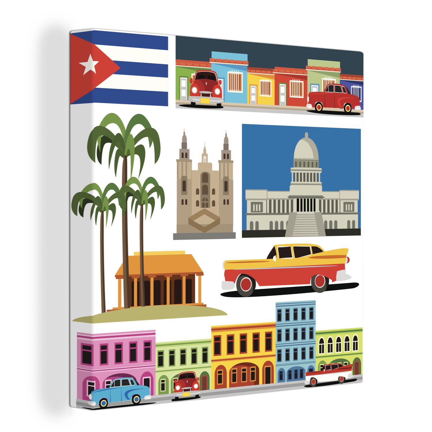 OneMillionCanvasses® Leinwandbild Eine Collage über die Insel Kuba in einer Illustration, (1 St), Leinwand Bilder für Wohnzimmer Schlafzimmer