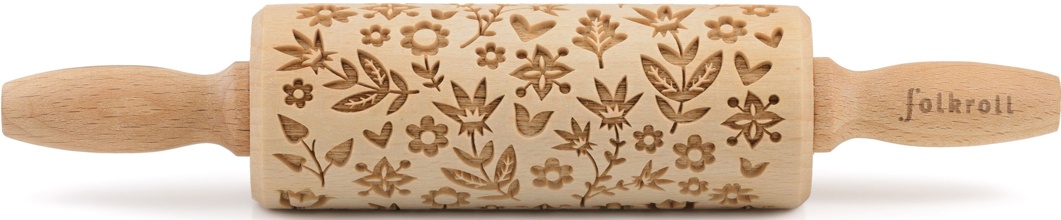 folkroll Teigroller 3D-Motiv-Teigrolle Massivholz, Flower