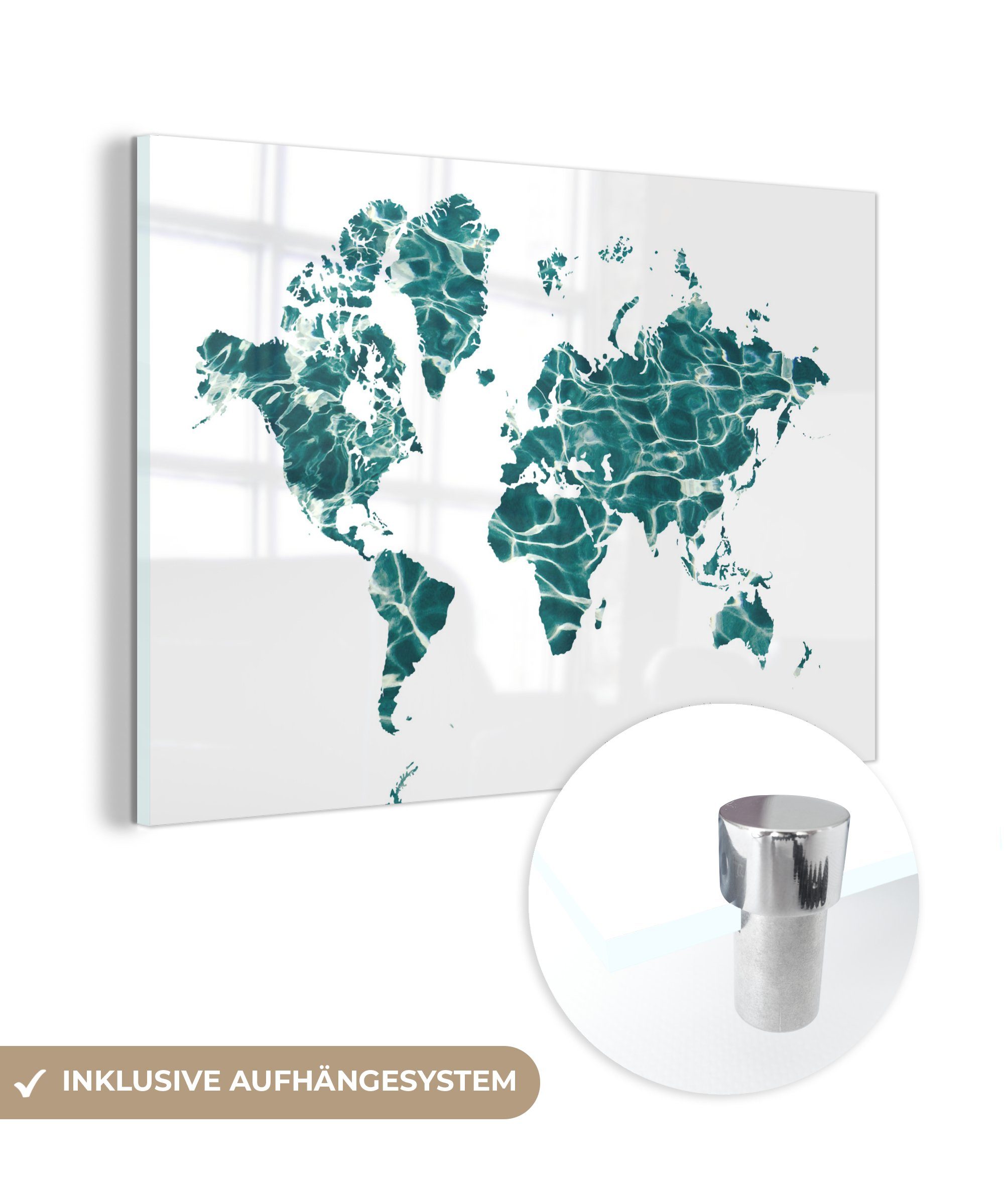 MuchoWow Acrylglasbild Weltkarte - Meer - Weiß, (1 St), Glasbilder - Bilder auf Glas Wandbild - Foto auf Glas - Wanddekoration