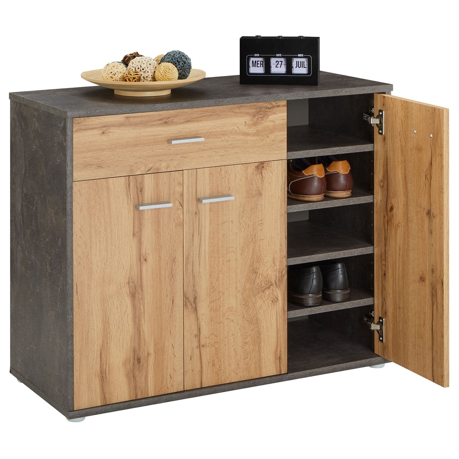 CARO-Möbel Schuhschrank DEUSTO Schmale Flurkommode mit Schublade und 3 Türen betonoptik/eiche – Bild 4 von 5
