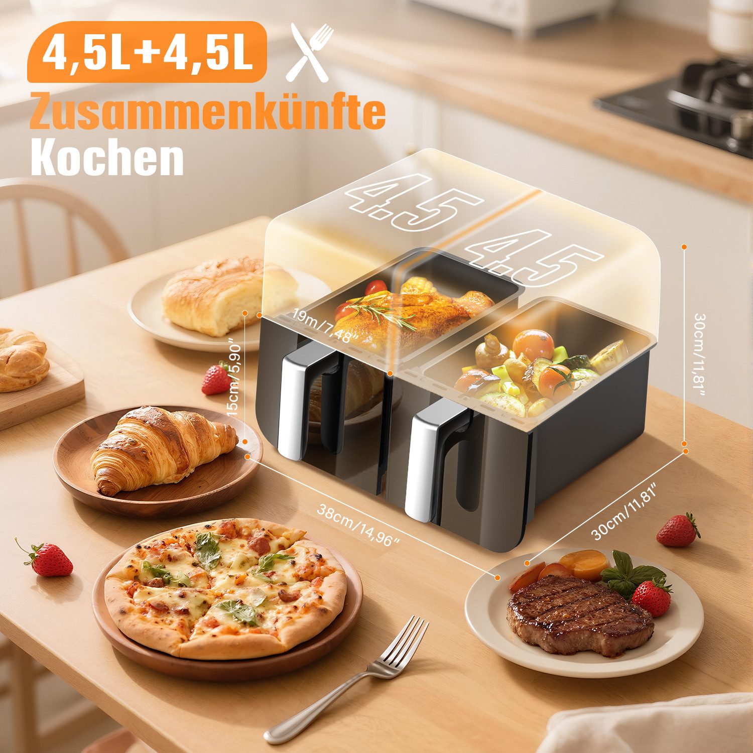 oyajia Heißluftfritteuse 9L Heißluftfritteuse RA930DSV XXL, 2 separat gesteuerte Garkammern, 2800,00 W, Touch Display, Sichtfenster, 8 Automatikprogramme/je 4,5 – Bild 3 von 5