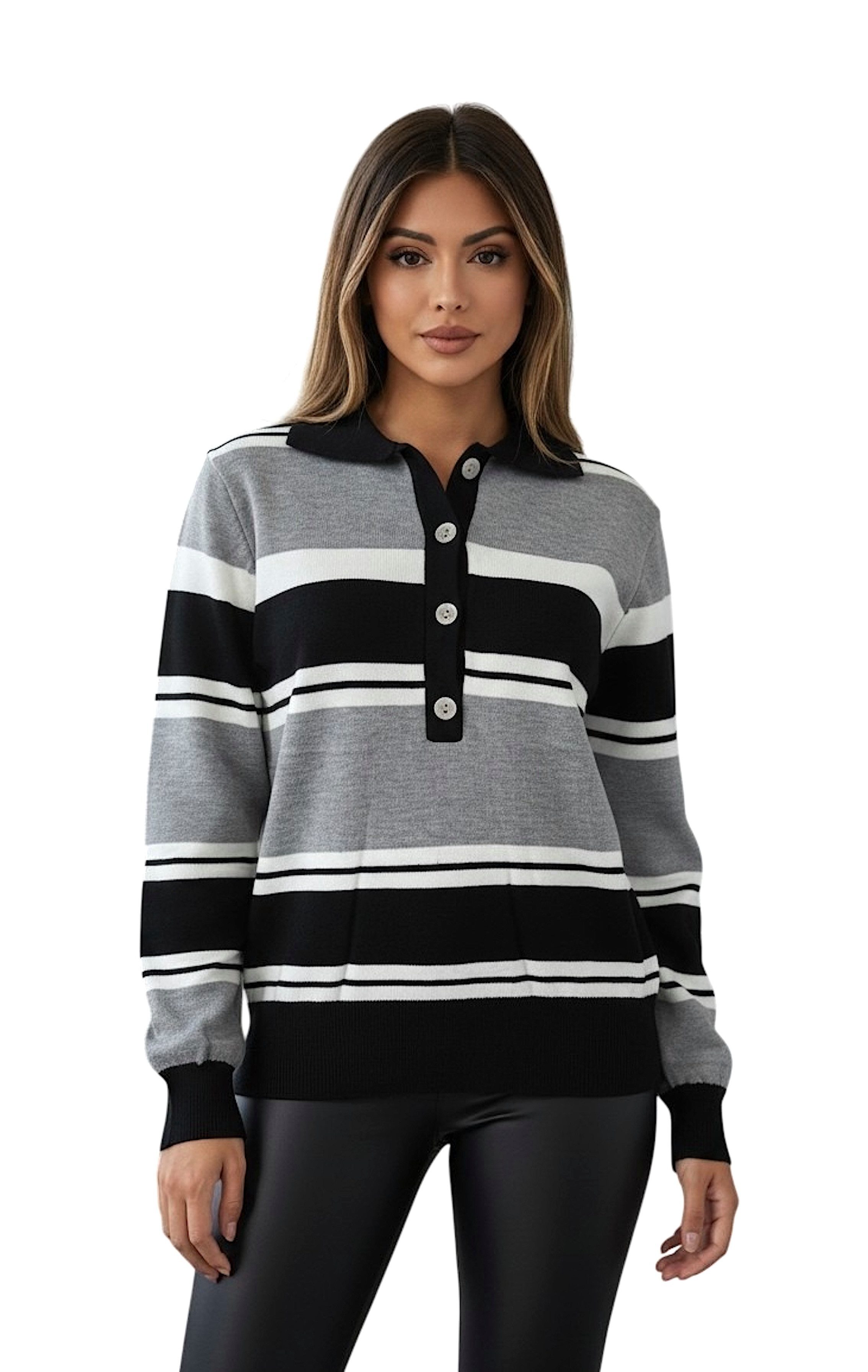 Worldclassca Strickpullover WORLDCLASSCA Damen Strickpulllover Gestreifter Henley Sweater Casual Neue Kollektion - Stilvolle und gemütliche Strickmode für Damen