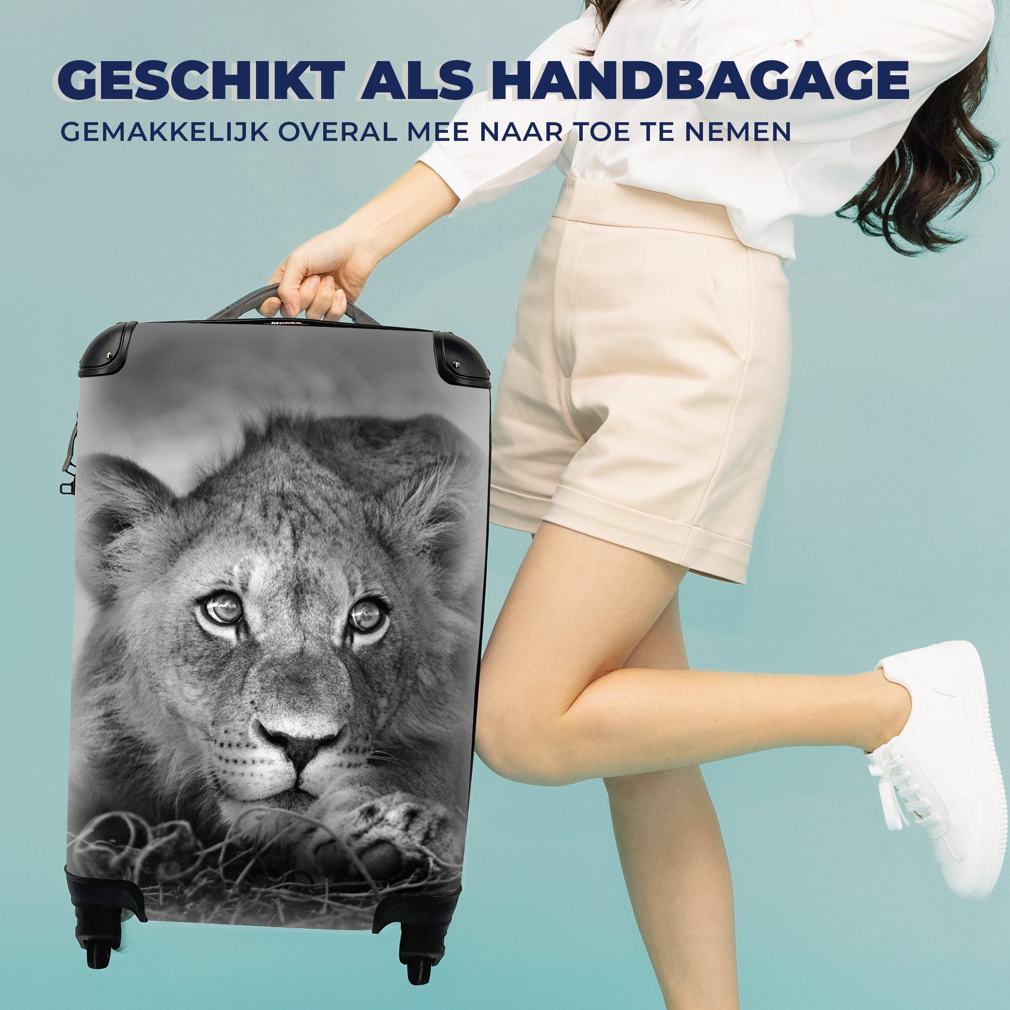 MuchoWow Handgepäckkoffer Wildtiere - - Ferien, Handgepäck mit Natur Trolley, Weiß, rollen, 4 Schwarz Rollen, für Reisetasche Löwe Reisekoffer - 