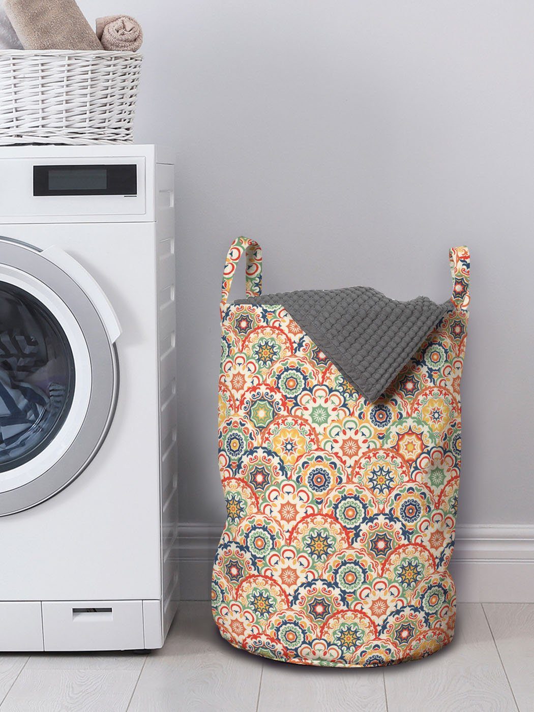mit Wäschesäckchen Wäschekorb Floral Waschsalons, Geometrisch Kordelzugverschluss Griffen Anzeige Alte Abakuhaus für