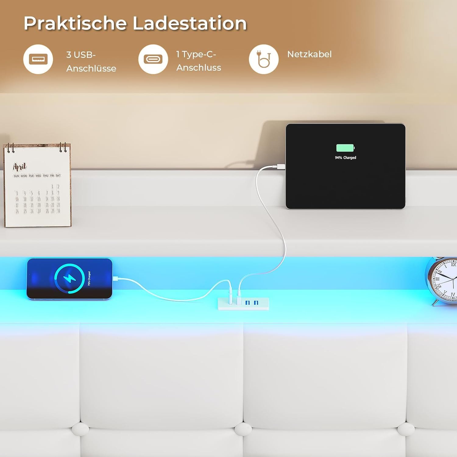 MSMASK Polsterbett Bettrahmen mit LED-Beleuchtung und Ladestation (1-tlg., Ohne Matratze), Jugendbett Bettgestll
