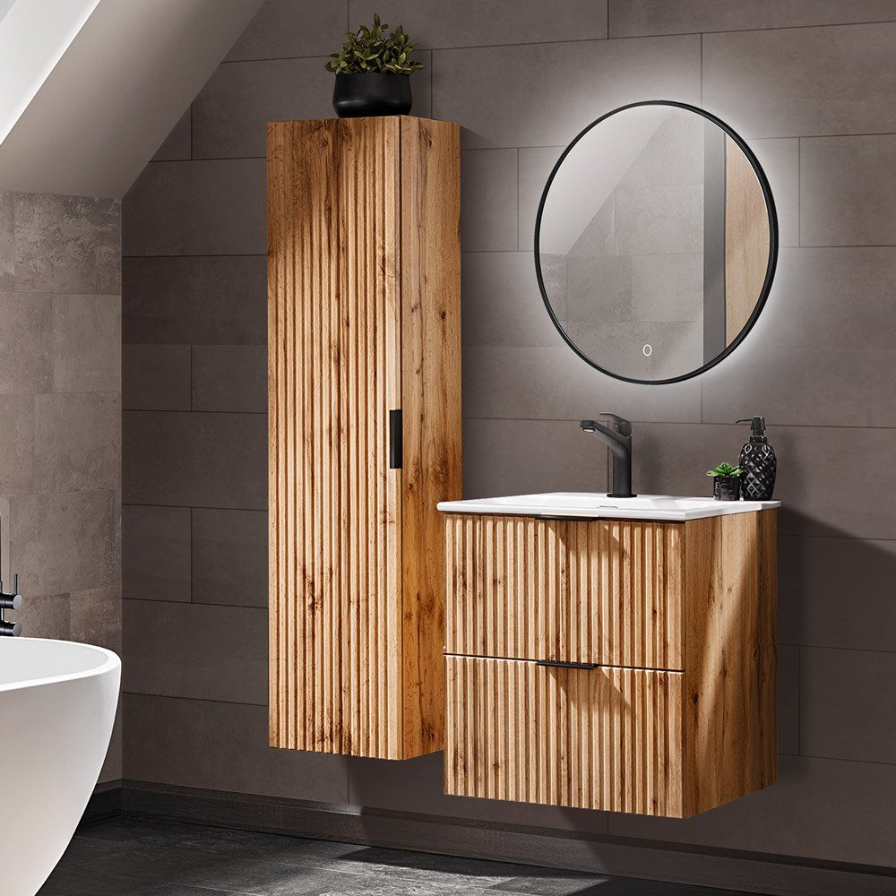 Lomadox Badmöbel-Set ADELAIDE-56, (Spar-Set, 3-St), 60cm Waschtisch mit Unterschrank Wotaneiche Rillenoptik 110/200/46 cm