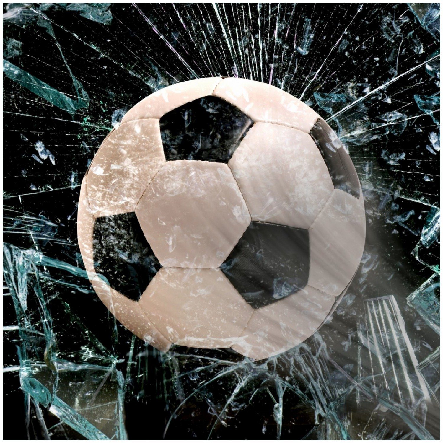 Wallario Memoboard Fußball - im Fenster, Splitter und Glas