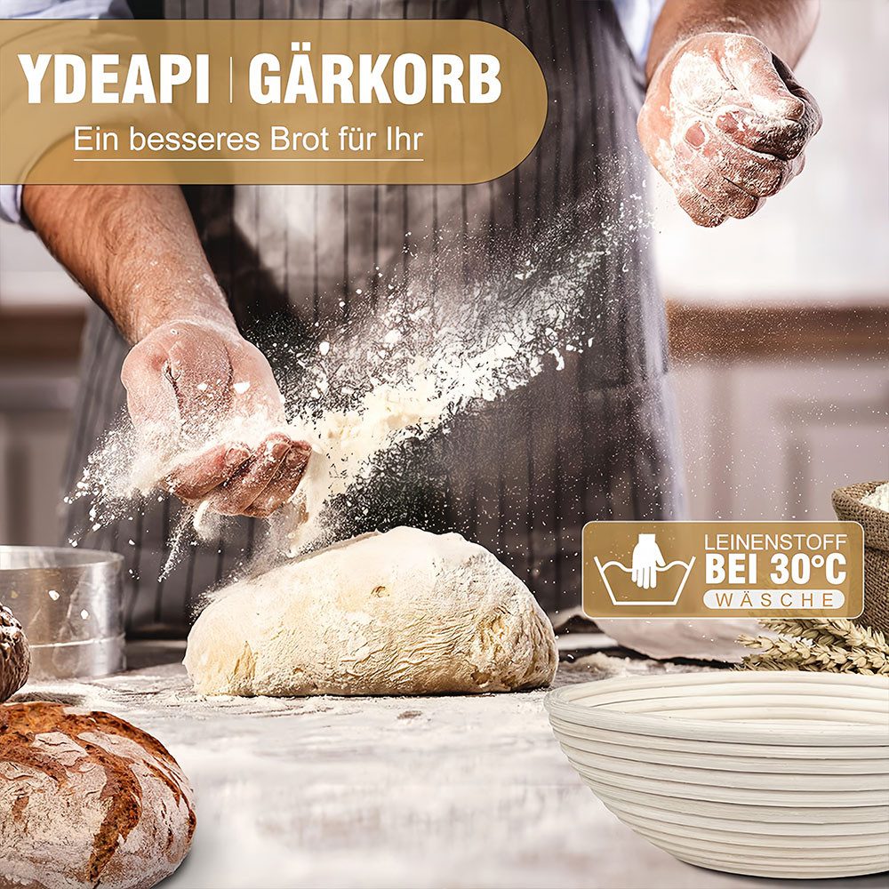 PFCTART Gärkorb Gärkörbchen Set 3-tlg. Brotkorb Rundformen aus Rattan & Antihaft, (Set 10-tlg), Gärkorb Set Für Selbstgemachtes Brot - Inkl. Rezeptheft & Spatschutz