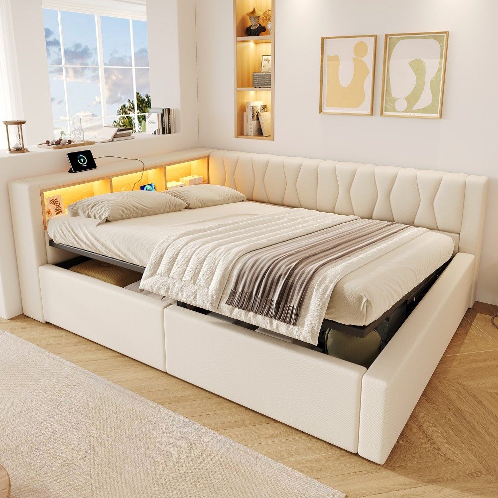 TavilaEcon Daybett Schlafsofa, Tagesbett mit dimmbarer LED-Leiste & USB-Anschluss (1 tlg), mit praktischem Regal, 140x200cm, beige