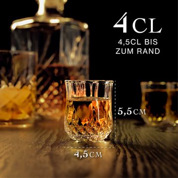 Praknu Schnapsglas 6 Schnapsgläser Kristall 4cl Curvy Whiskygläser Set, Kristallglas, Spülmaschinenfest - Standfest dank dickem Boden - Vintage Design